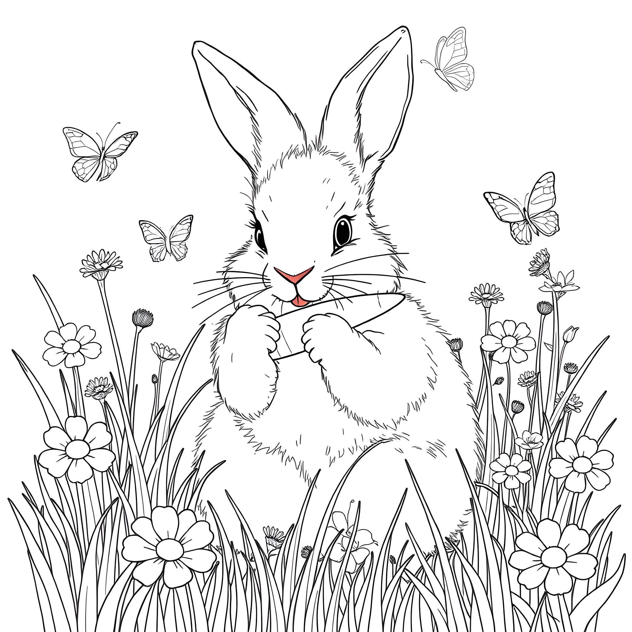 Rabbit relaxing in a meadow with butterflies Coloring Page (free black-and-white line drawing printable PDF for all, from beginners to advanced learners, including children, teens, adults, and seniors)