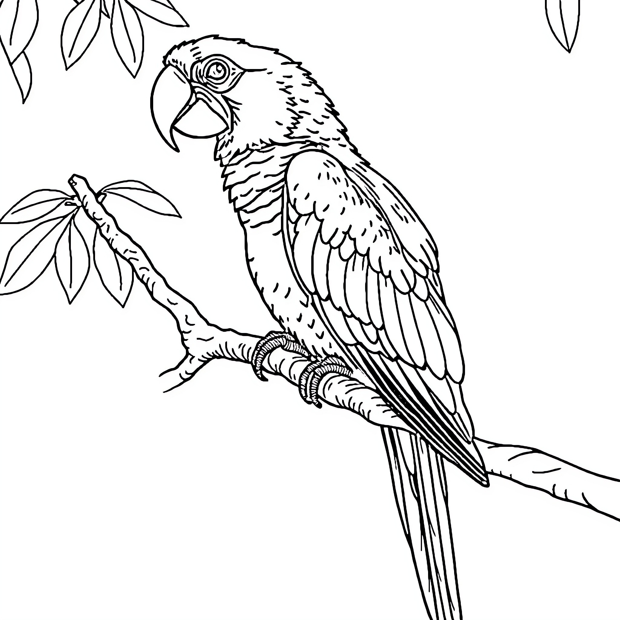 Parrot perched on a tree branch Coloring Page (free black-and-white line drawing printable PDF for all, from beginners to advanced learners, including children, teens, adults, and seniors)