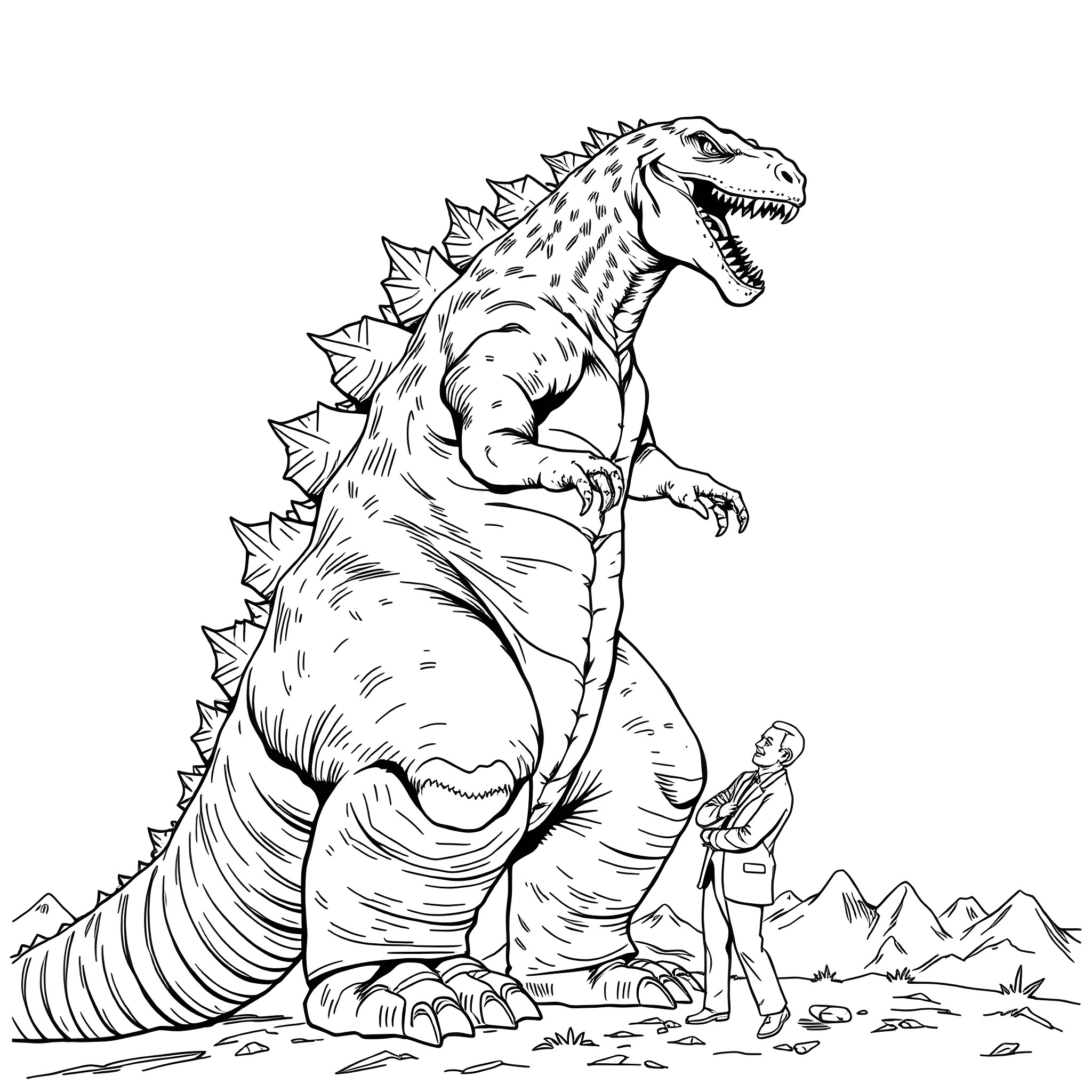 Godzilla towering over a small human in a rugged landscape Coloring Page (free black-and-white line drawing printable PDF for all, from beginners to advanced learners, including children, teens, adults, and seniors)