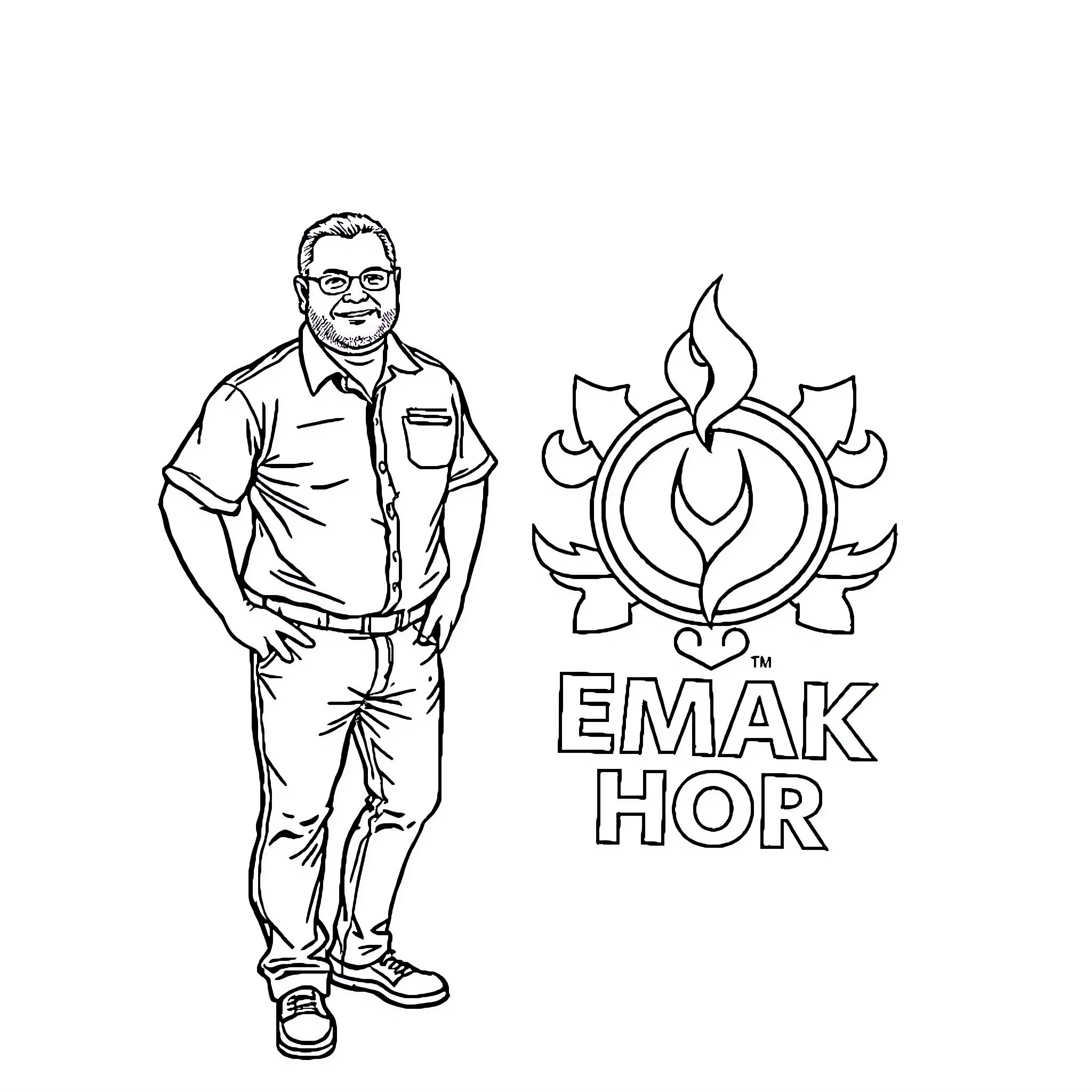 Antoine Dupont standing near Emak Hor logo Coloring Page (free black-and-white line drawing printable PDF for all, from beginners to advanced learners, including children, teens, adults, and seniors)
