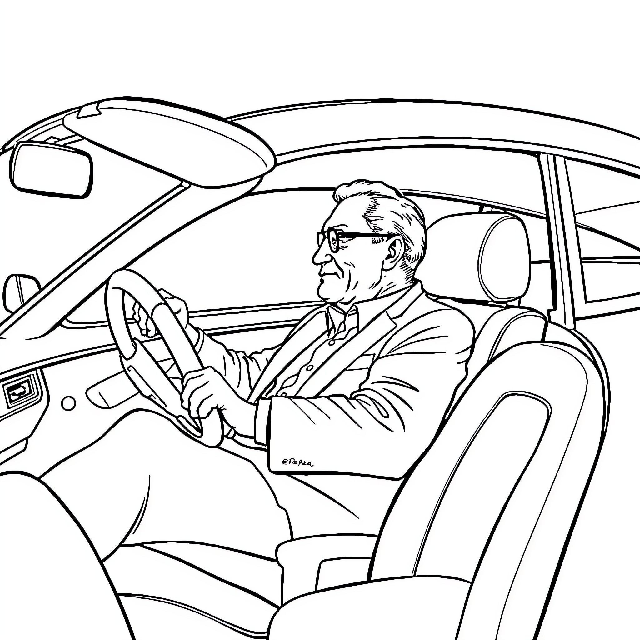 Dad driving car focused on the road Coloring Page (free black-and-white line drawing printable PDF for all, from beginners to advanced learners, including children, teens, adults, and seniors)