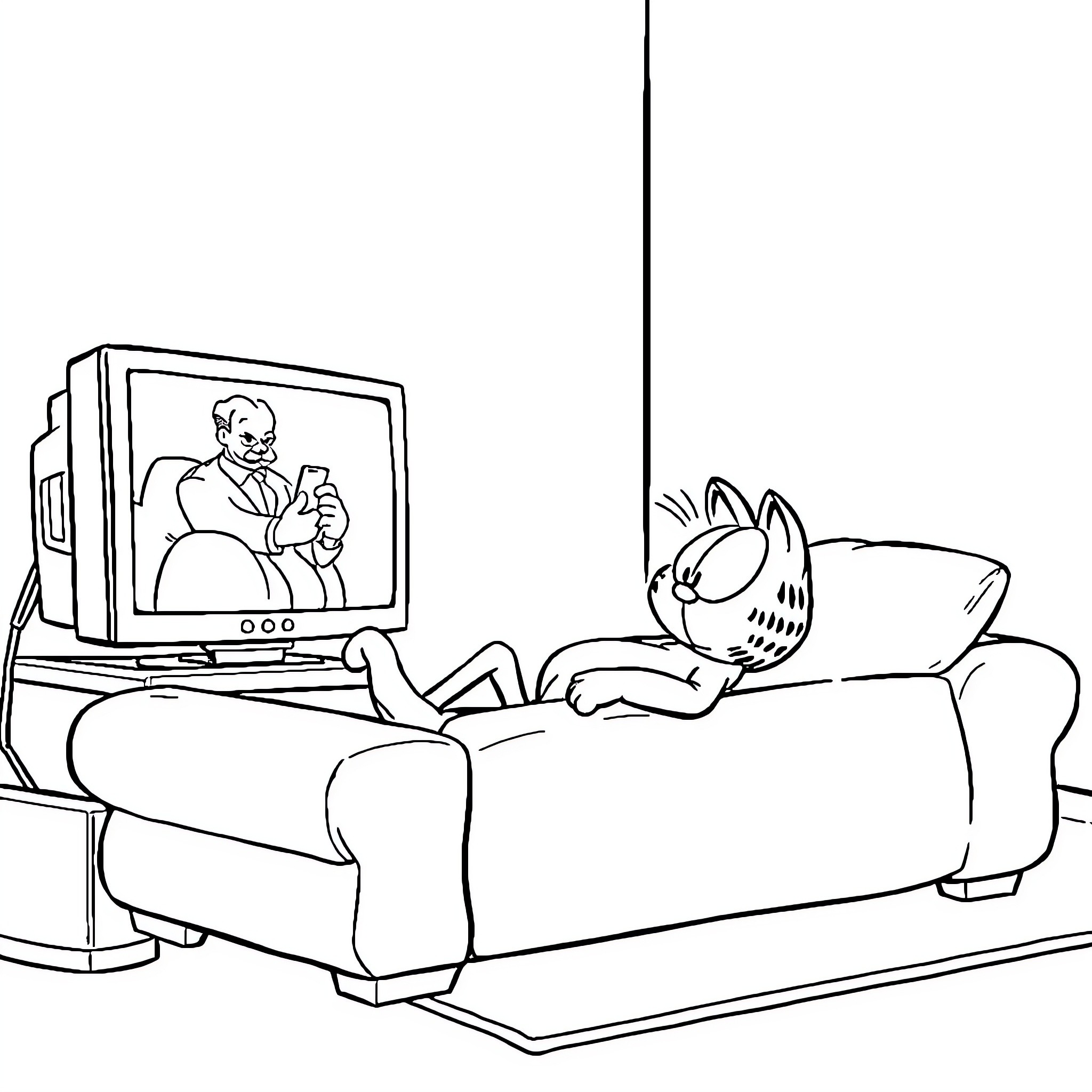 Garfield relaxing on the couch while watching TV Coloring Page (free black-and-white line drawing printable PDF for all, from beginners to advanced learners, including children, teens, adults, and seniors)