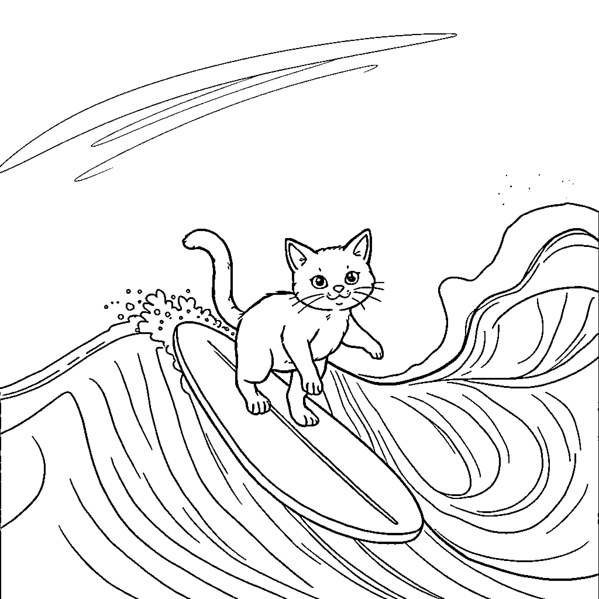 Cat surfing on giant waves Coloring Page (free black-and-white line drawing printable PDF for all, from beginners to advanced learners, including children, teens, adults, and seniors)
