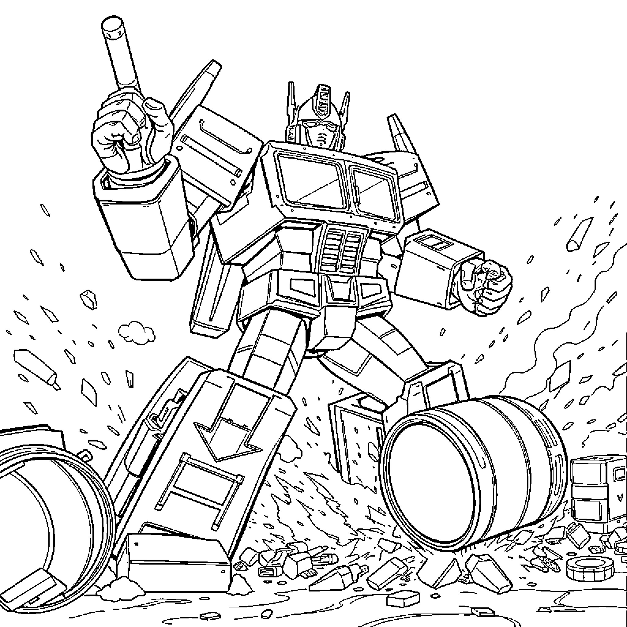 Optimus Prime in action-packed scene with debris Coloring Page (free black-and-white line drawing printable PDF for all, from beginners to advanced learners, including children, teens, adults, and seniors)