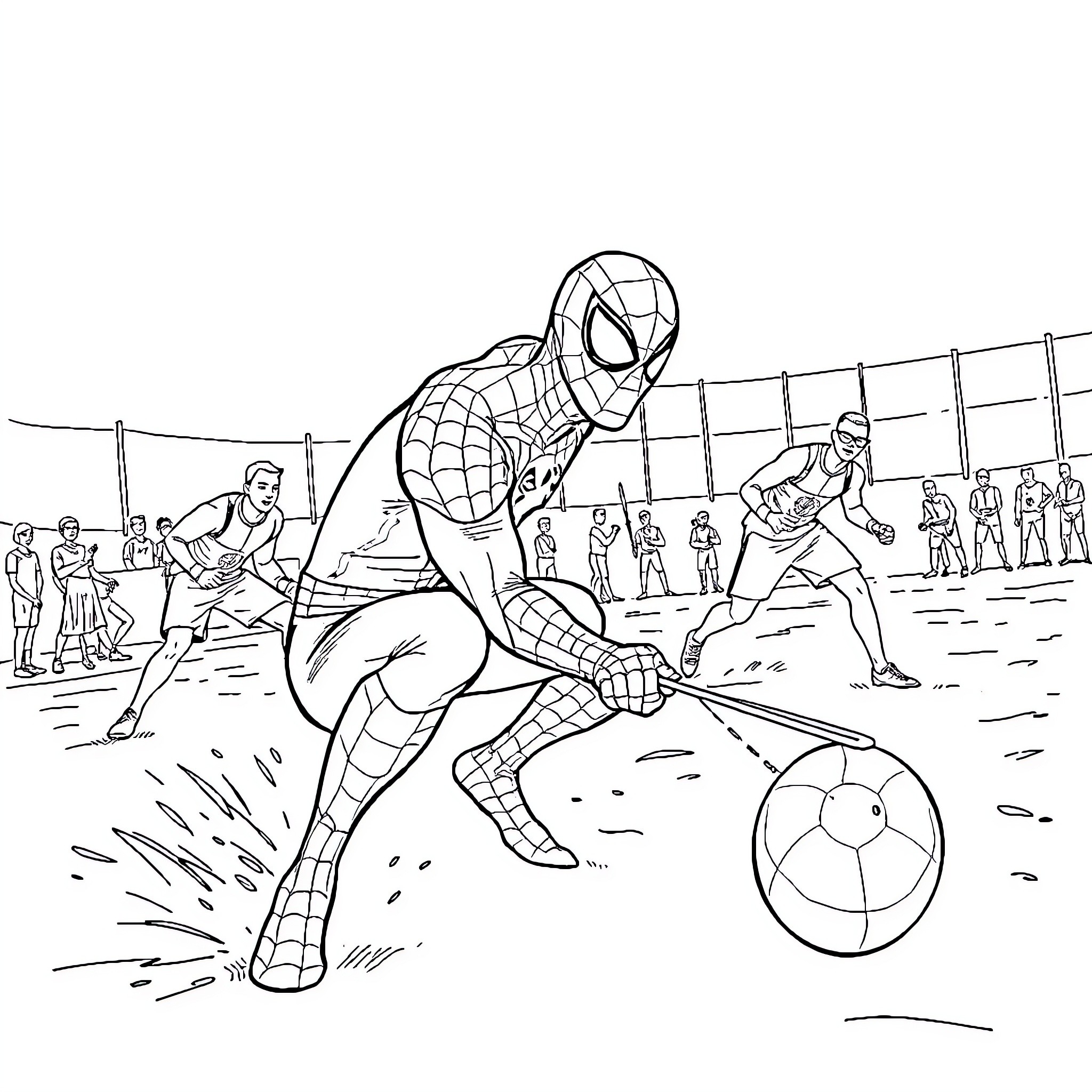 Spiderman in action on the soccer field Coloring Page (free black-and-white line drawing printable PDF for all, from beginners to advanced learners, including children, teens, adults, and seniors)