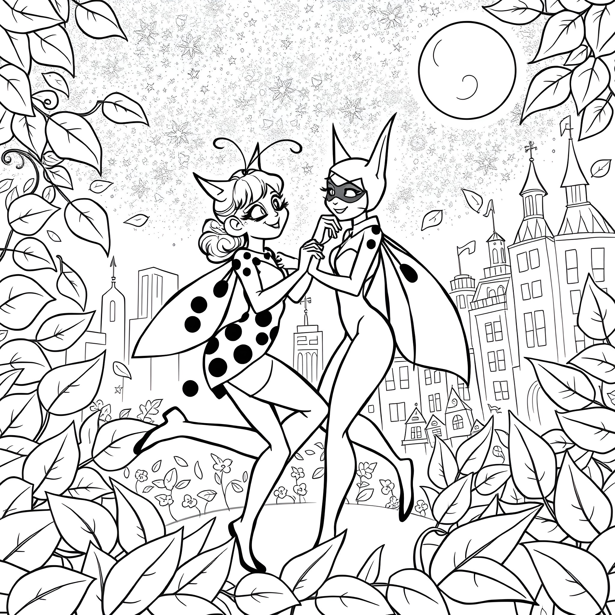 Ladybug friends exploring the magical city Coloring Page (free black-and-white line drawing printable PDF for all, from beginners to advanced learners, including children, teens, adults, and seniors)