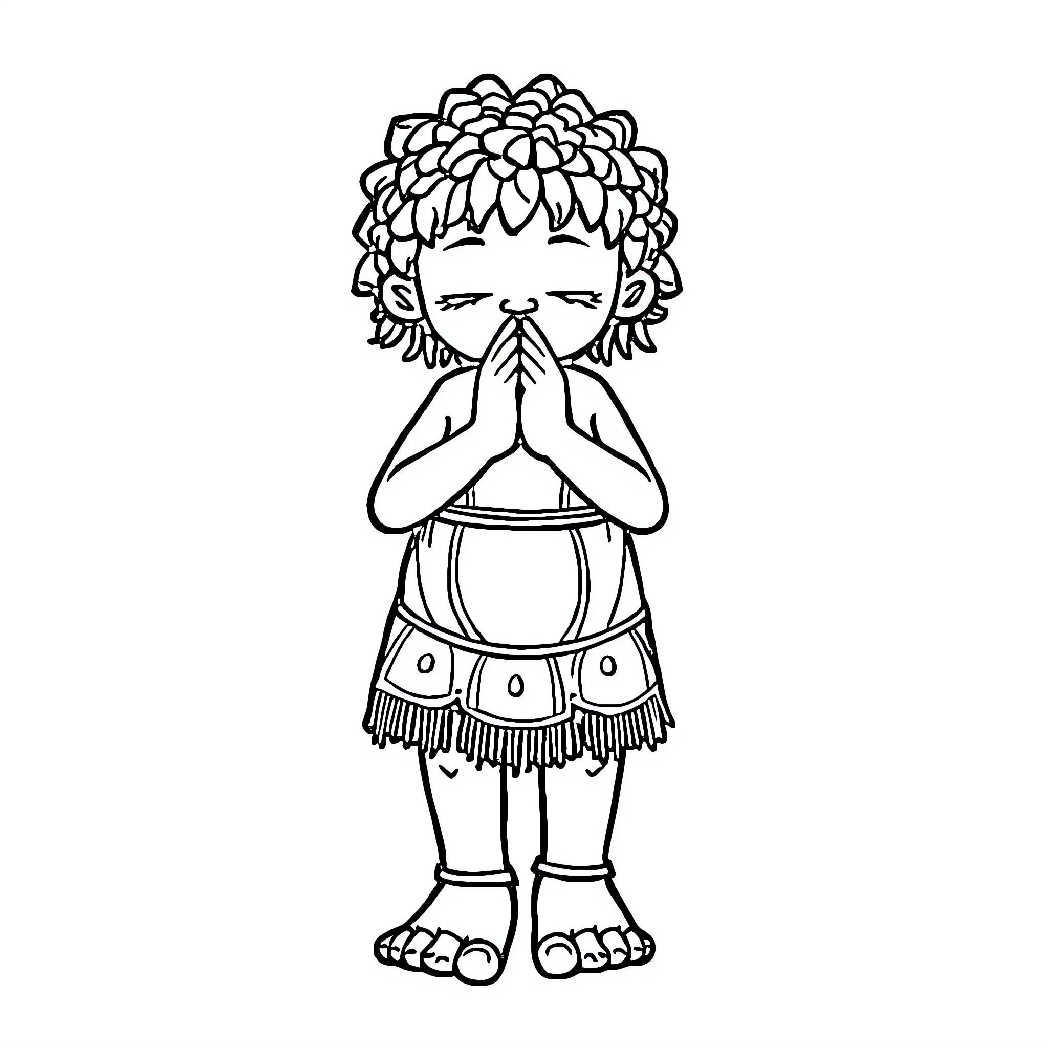 Labubu praying with hands folded Coloring Page (free black-and-white line drawing printable PDF for all, from beginners to advanced learners, including children, teens, adults, and seniors)