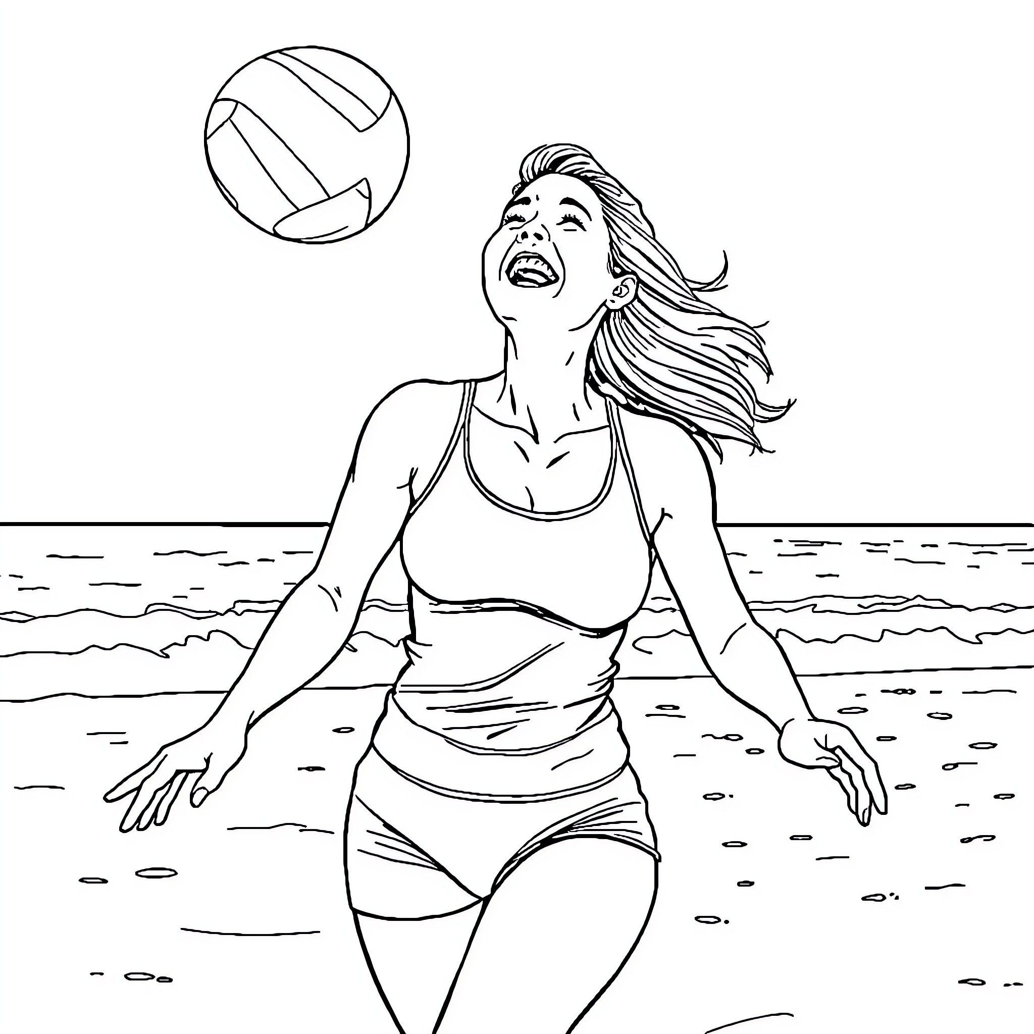 Jeanne enjoying a day at the beach Coloring Page (free black-and-white line drawing printable PDF for all, from beginners to advanced learners, including children, teens, adults, and seniors)