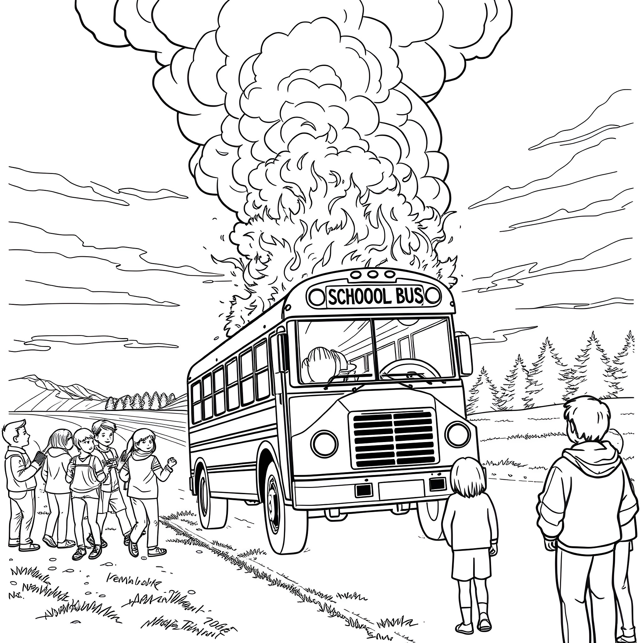 Bus on fire surrounded by onlookers Coloring Page (free black-and-white line drawing printable PDF for all, from beginners to advanced learners, including children, teens, adults, and seniors)