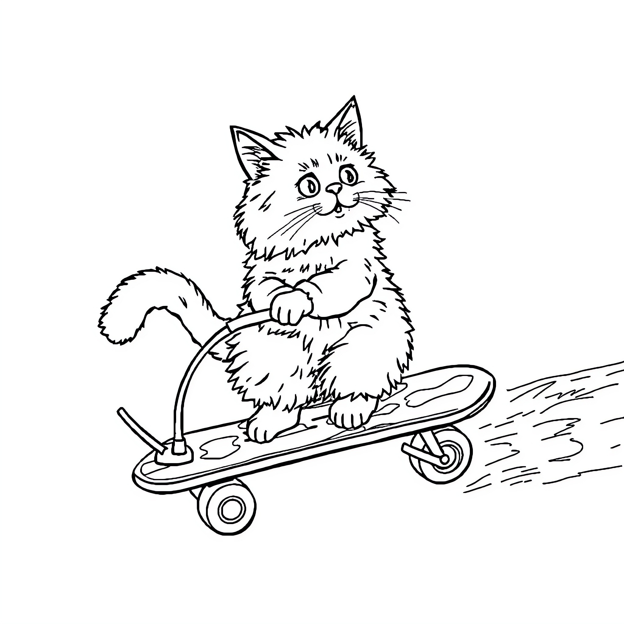 Cat riding a skateboard Coloring Page (free black-and-white line drawing printable PDF for all, from beginners to advanced learners, including children, teens, adults, and seniors)