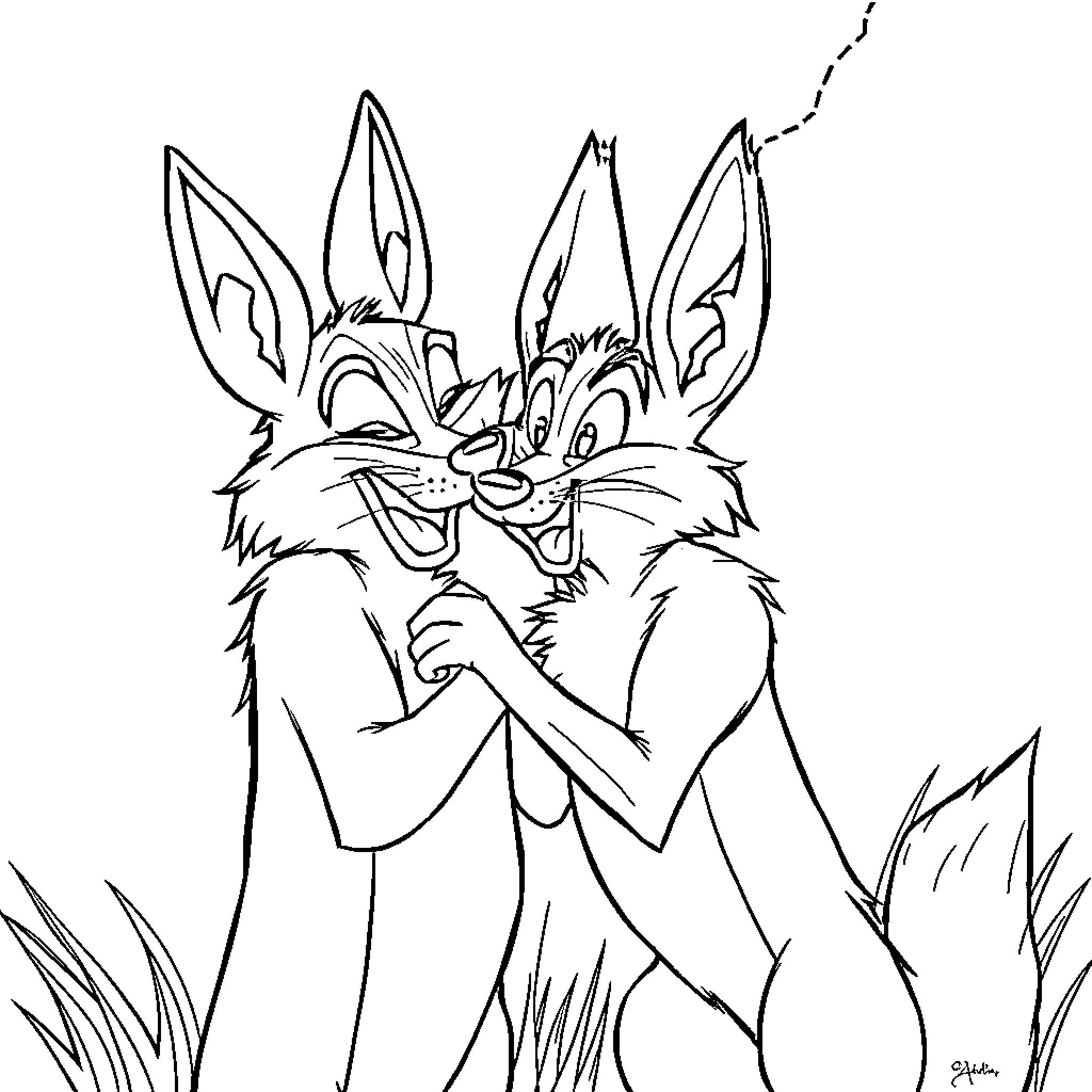 Coyotes frolicking playfully in the grass Coloring Page (free black-and-white line drawing printable PDF for all, from beginners to advanced learners, including children, teens, adults, and seniors)