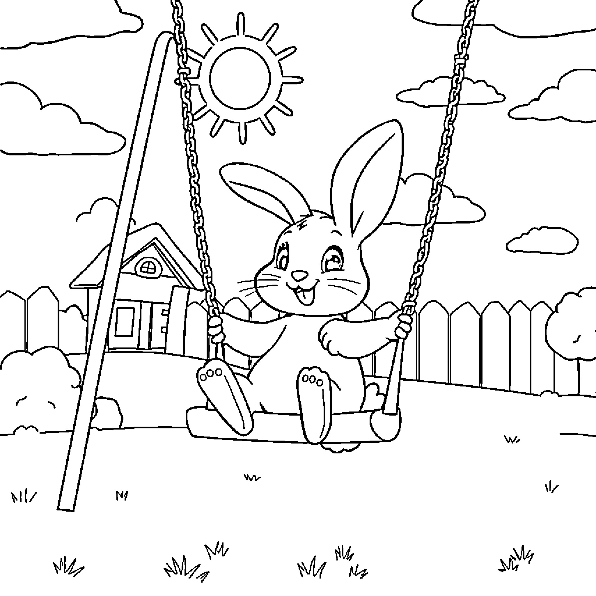 Bunny Enjoying a Swing in the Sunny Outdoors Coloring Page (free black-and-white line drawing printable PDF for all, from beginners to advanced learners, including children, teens, adults, and seniors)