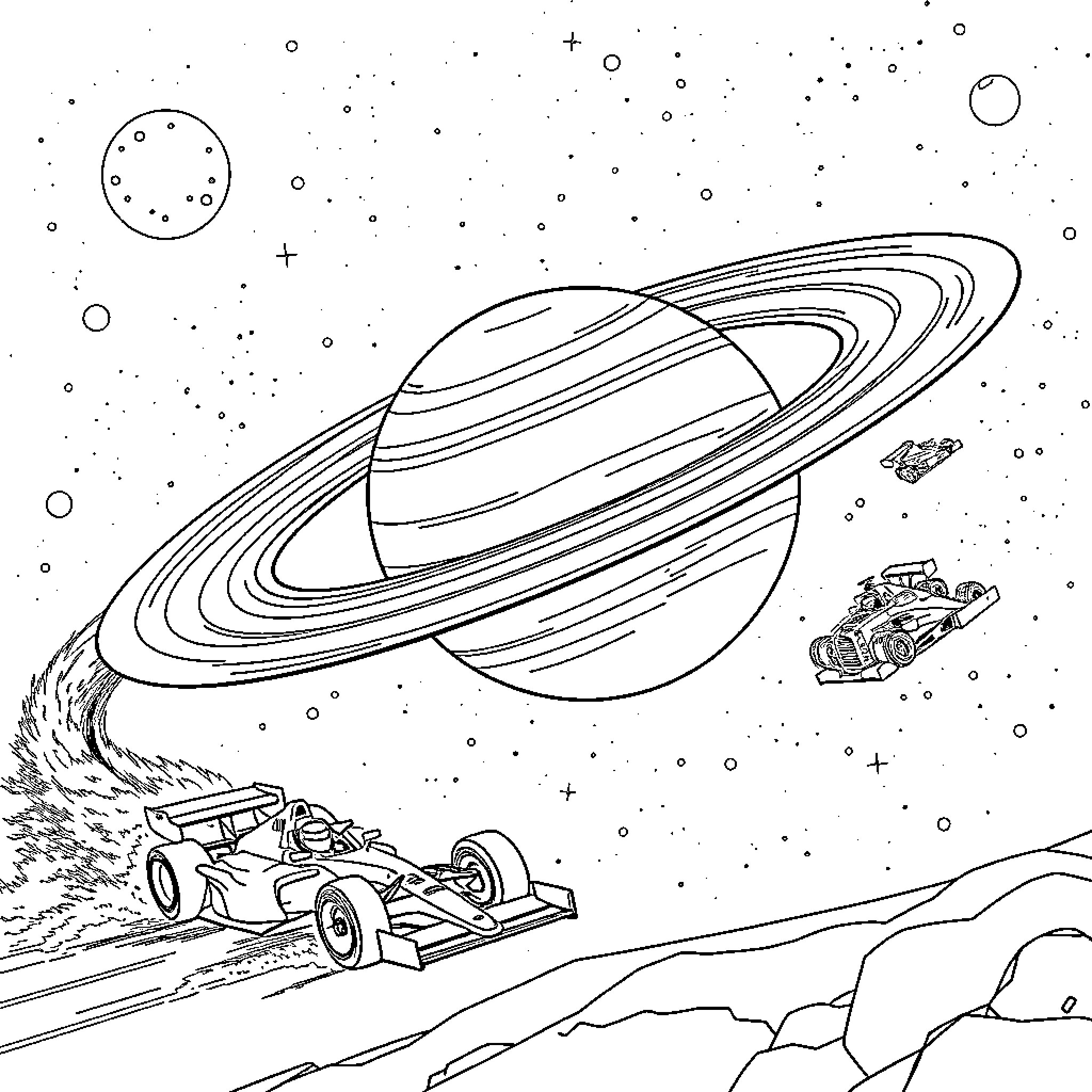 F1 racing through cosmic landscape with planet Coloring Page (free black-and-white line drawing printable PDF for all, from beginners to advanced learners, including children, teens, adults, and seniors)