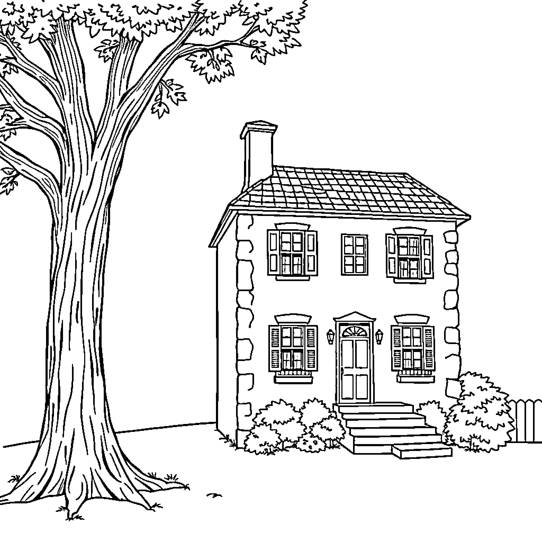 House with a large tree in the yard Coloring Page (free black-and-white line drawing printable PDF for all, from beginners to advanced learners, including children, teens, adults, and seniors)