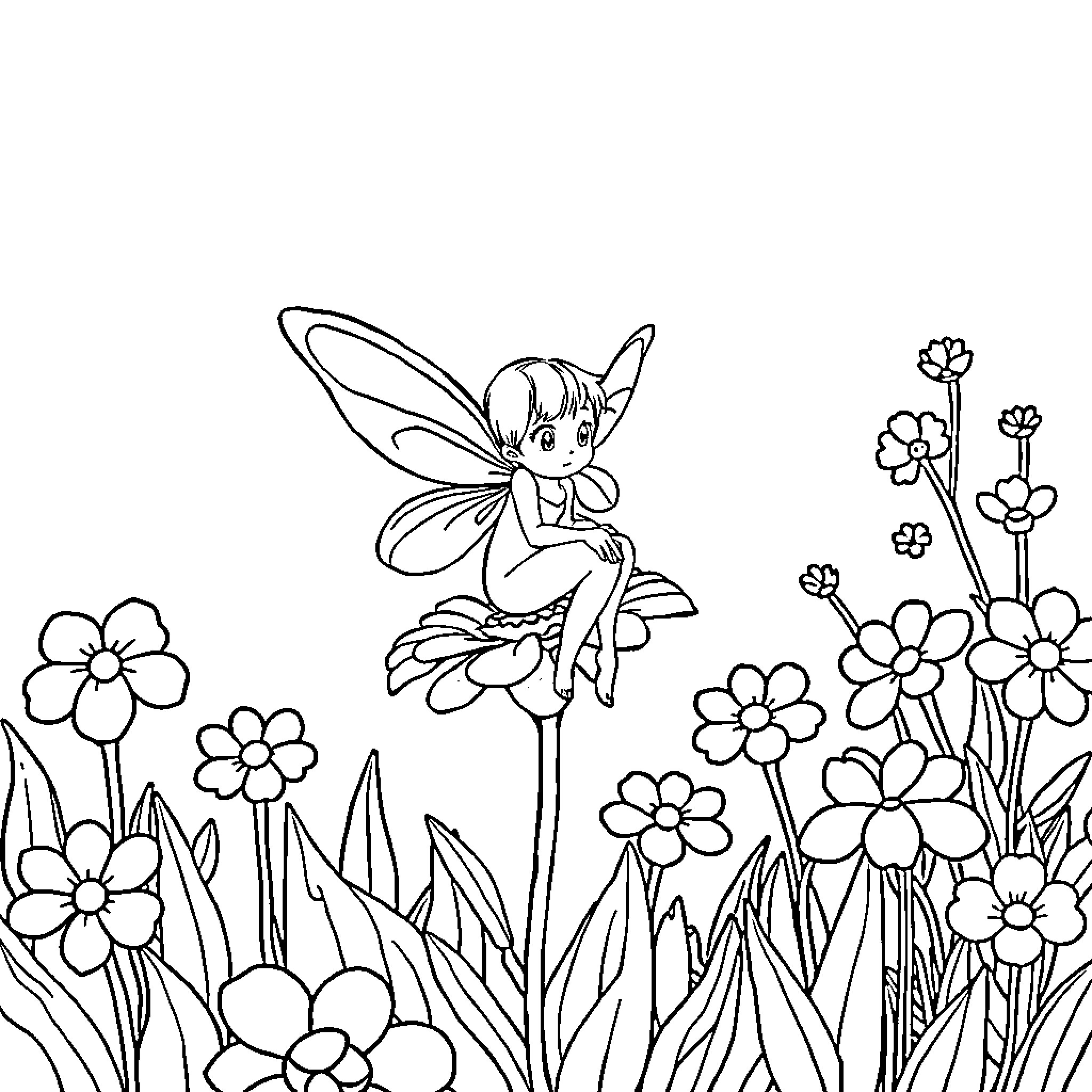 Fairy frolicking amidst vibrant blooms Coloring Page (free black-and-white line drawing printable PDF for all, from beginners to advanced learners, including children, teens, adults, and seniors)