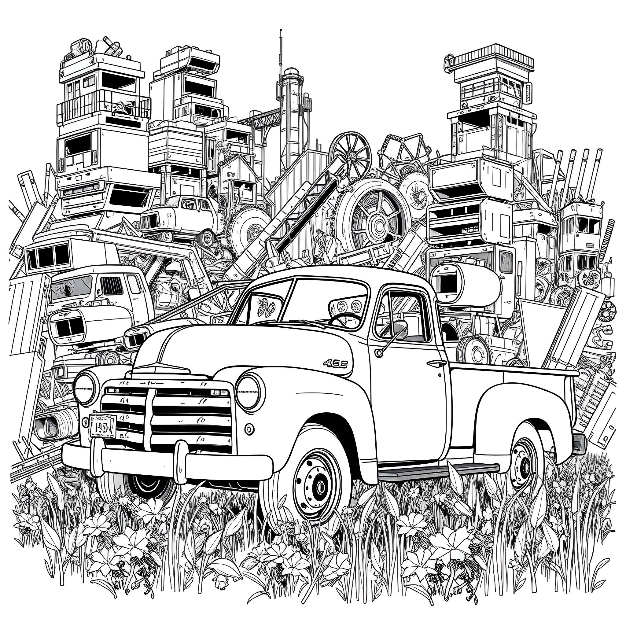 Pick Up Vintage Truck in Scrapyard Landscape Coloring Page (free black-and-white line drawing printable PDF for all, from beginners to advanced learners, including children, teens, adults, and seniors)