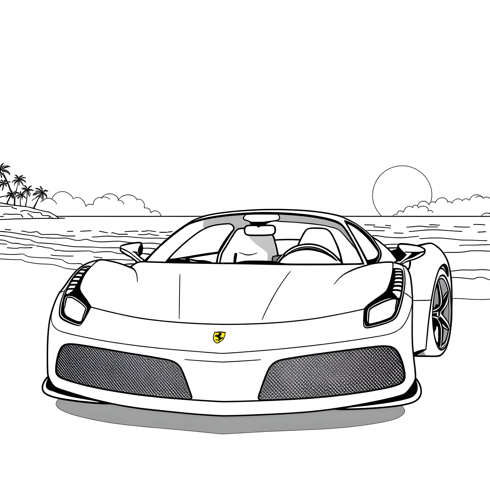 Ferrari supercar on a tropical beach Coloring Page (free black-and-white line drawing printable PDF for all, from beginners to advanced learners, including children, teens, adults, and seniors)