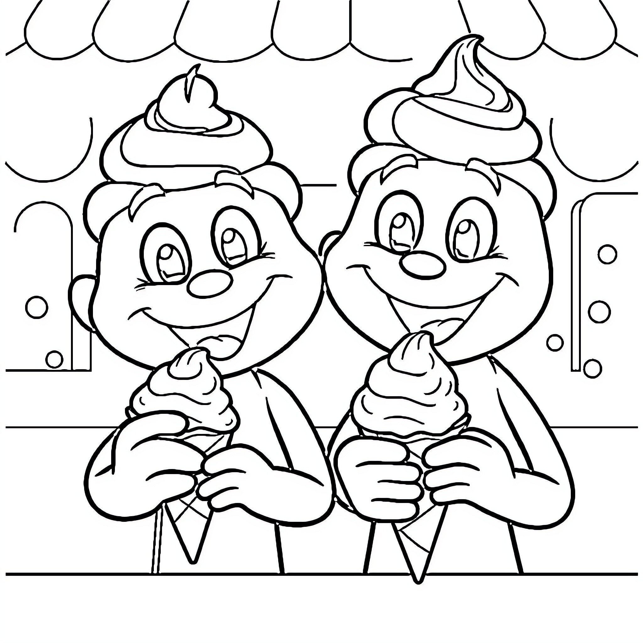 Blue Buddies Enjoy Icy Treats Coloring Page (free black-and-white line drawing printable PDF for all, from beginners to advanced learners, including children, teens, adults, and seniors)