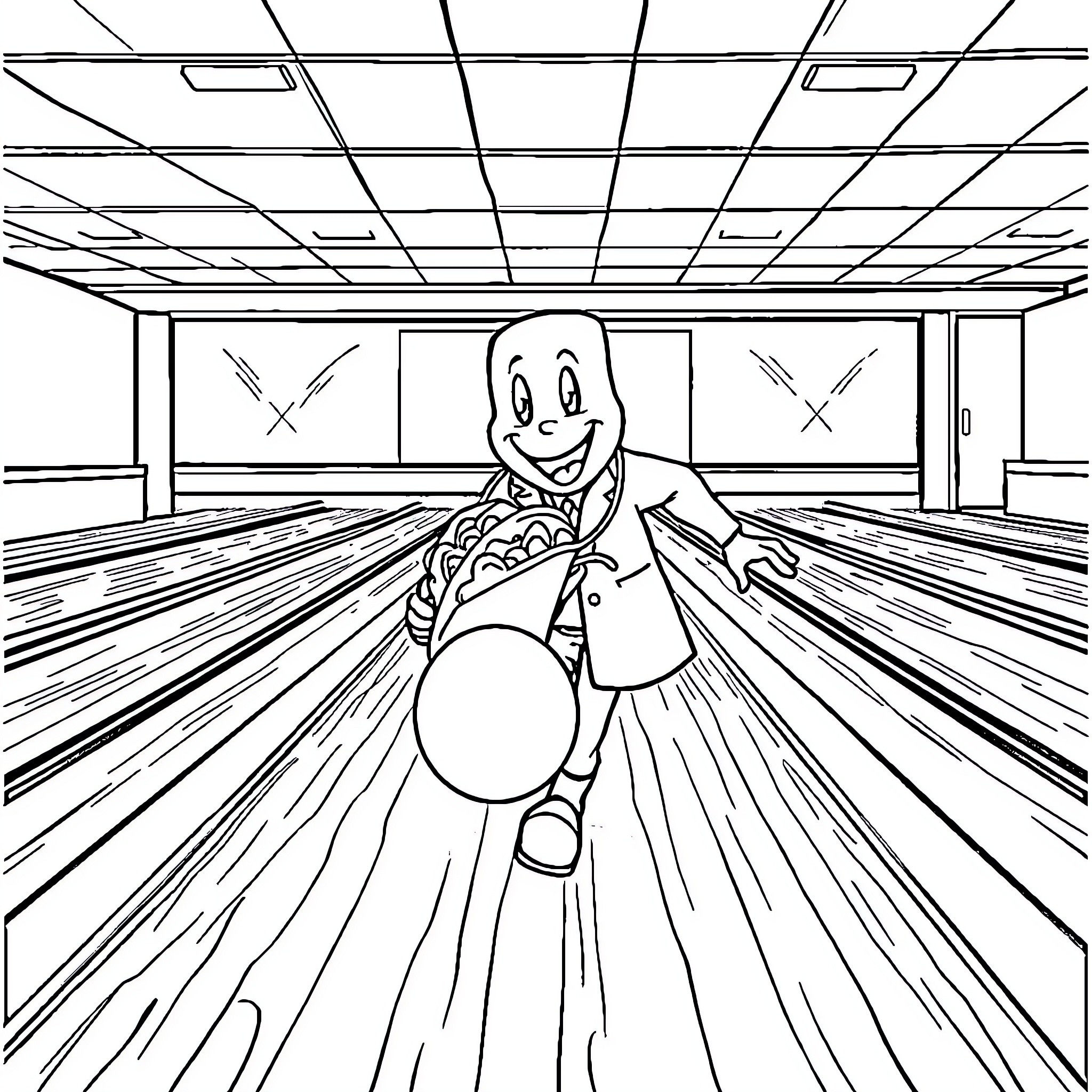 Doctor Bowling in a Lively Alley Coloring Page (free black-and-white line drawing printable PDF for all, from beginners to advanced learners, including children, teens, adults, and seniors)