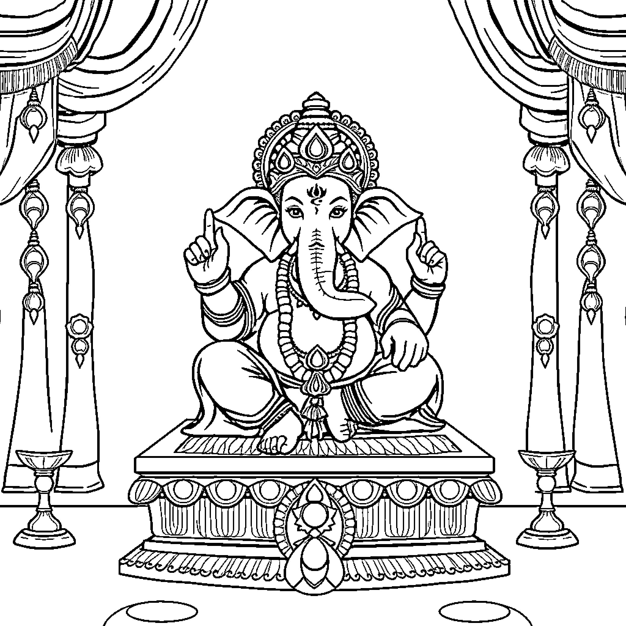 Ganesh seated on ornate throne in shrine Coloring Page (free black-and-white line drawing printable PDF for all, from beginners to advanced learners, including children, teens, adults, and seniors)