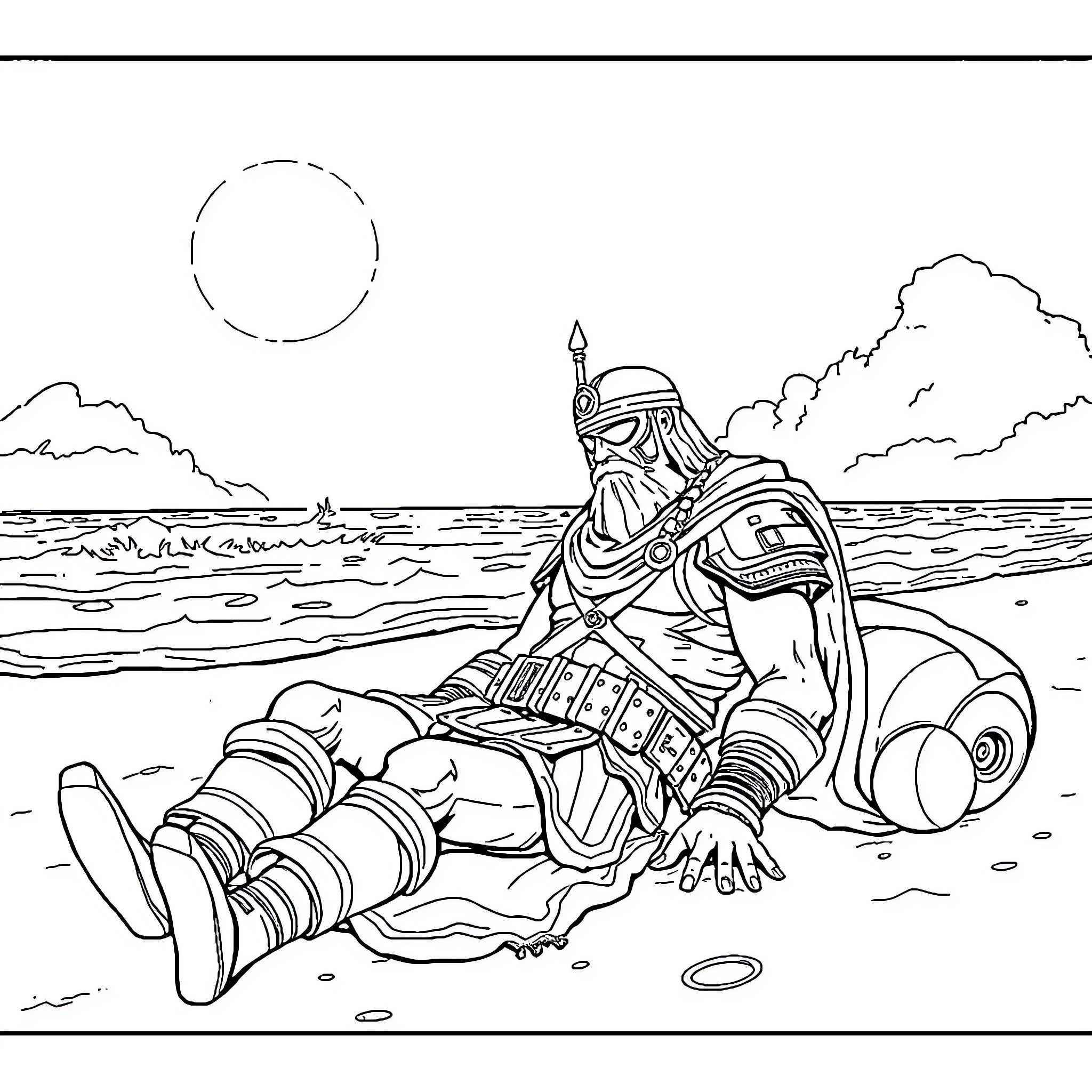 Warrior resting by the shore Coloring Page (free black-and-white line drawing printable PDF for all, from beginners to advanced learners, including children, teens, adults, and seniors)