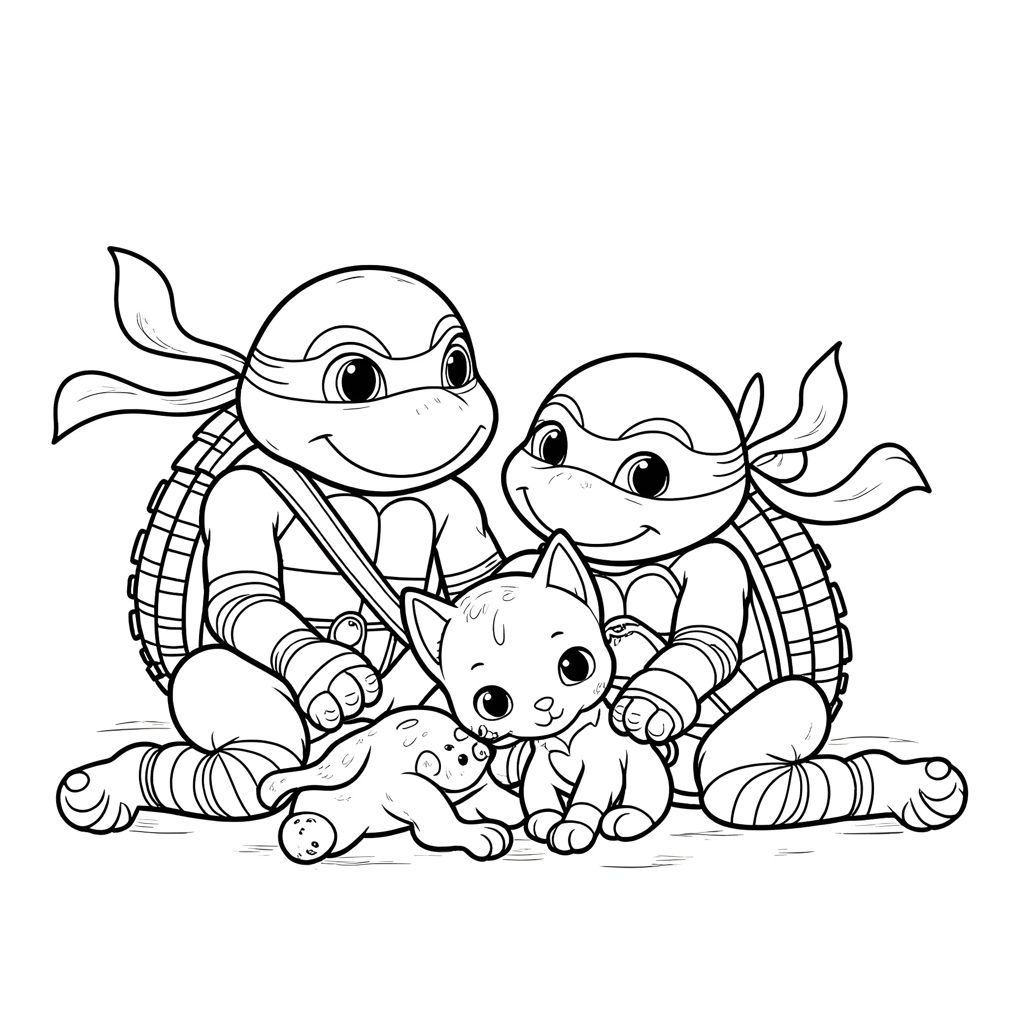 Teenage Mutant Ninja Turtles playing with pets Coloring Page (free black-and-white line drawing printable PDF for all, from beginners to advanced learners, including children, teens, adults, and seniors)
