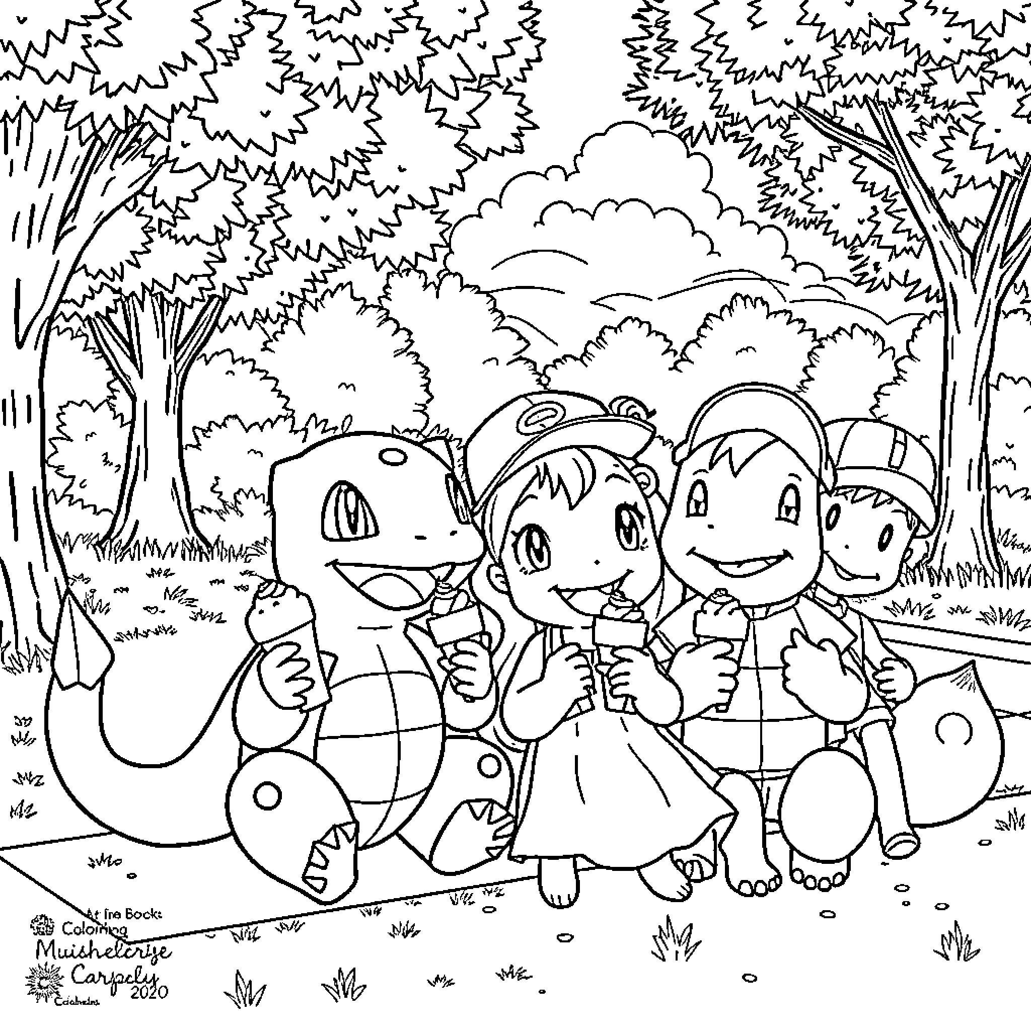 Bulbasaur and friends enjoying an outdoor adventure Coloring Page (free black-and-white line drawing printable PDF for all, from beginners to advanced learners, including children, teens, adults, and seniors)