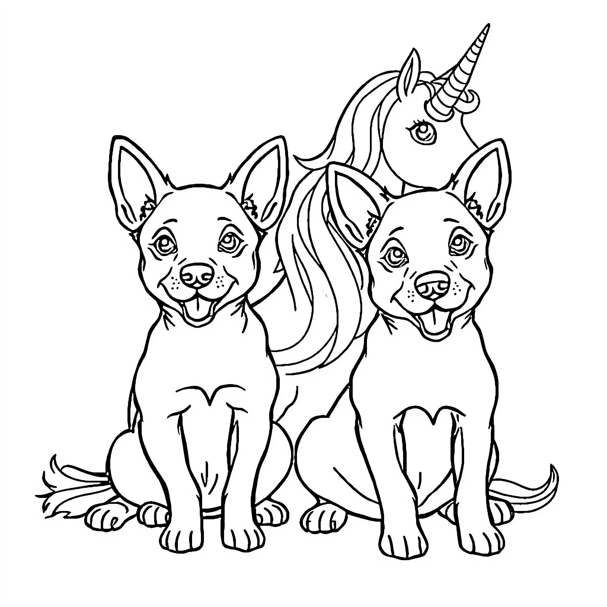 Dog friends with a unicorn in black and white Coloring Page (free black-and-white line drawing printable PDF for all, from beginners to advanced learners, including children, teens, adults, and seniors)