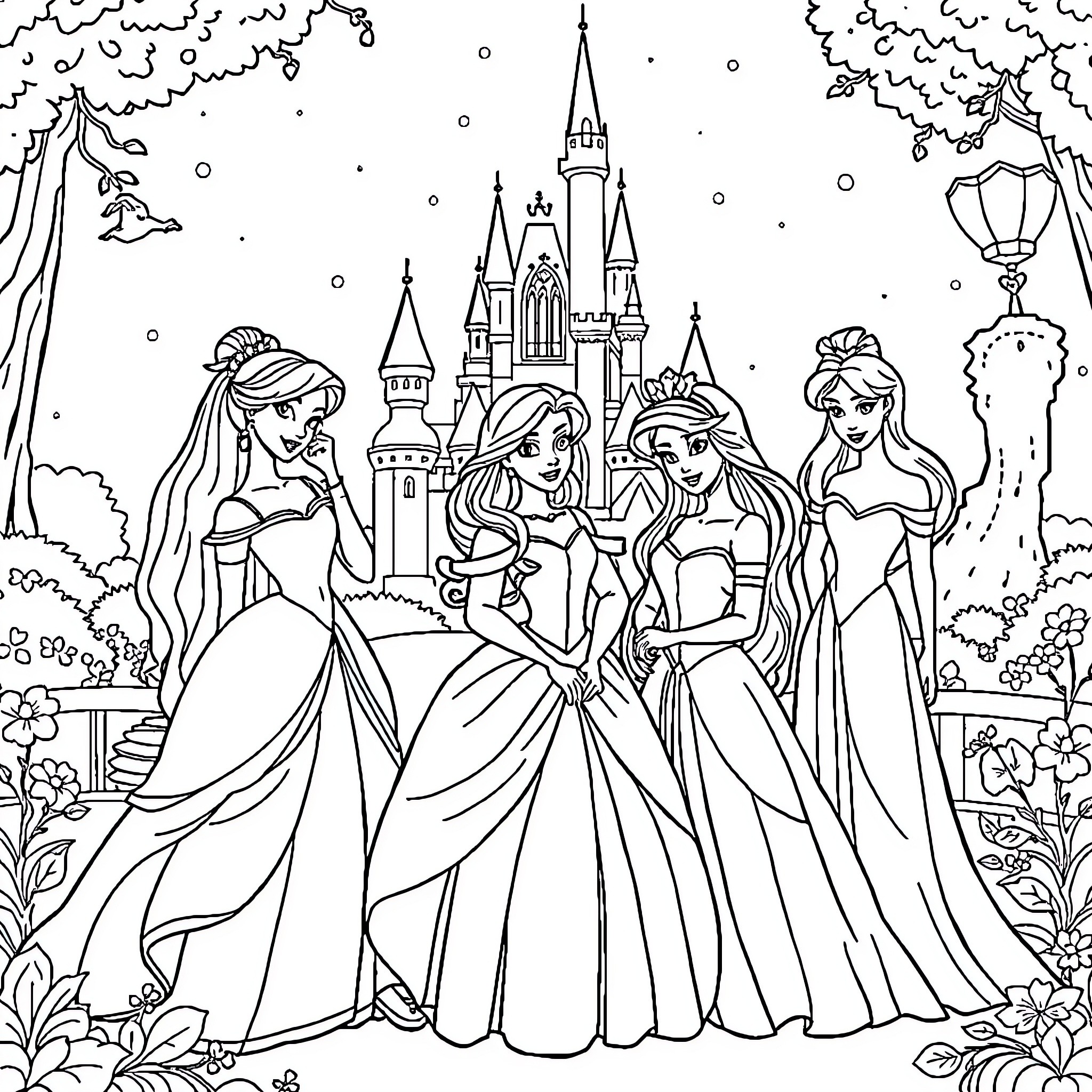 Disney Princess Royal Ball Celebration Coloring Page (free black-and-white line drawing printable PDF for all, from beginners to advanced learners, including children, teens, adults, and seniors)