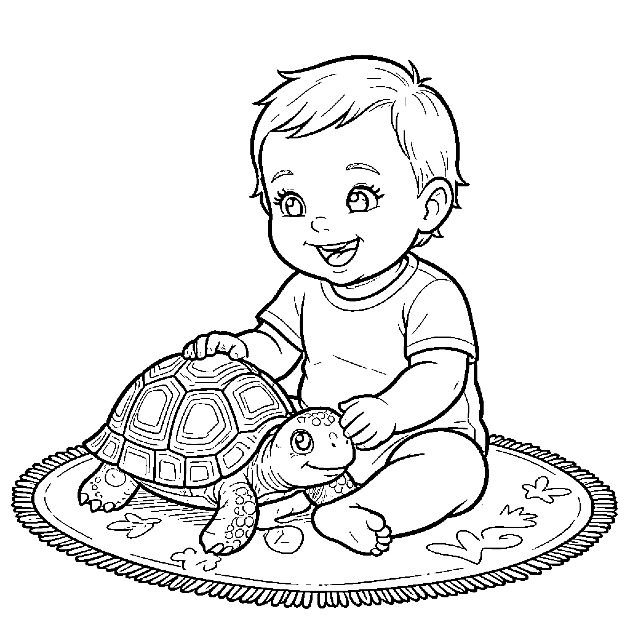 Baby smiling while playing with a friendly turtle Coloring Page (free black-and-white line drawing printable PDF for all, from beginners to advanced learners, including children, teens, adults, and seniors)