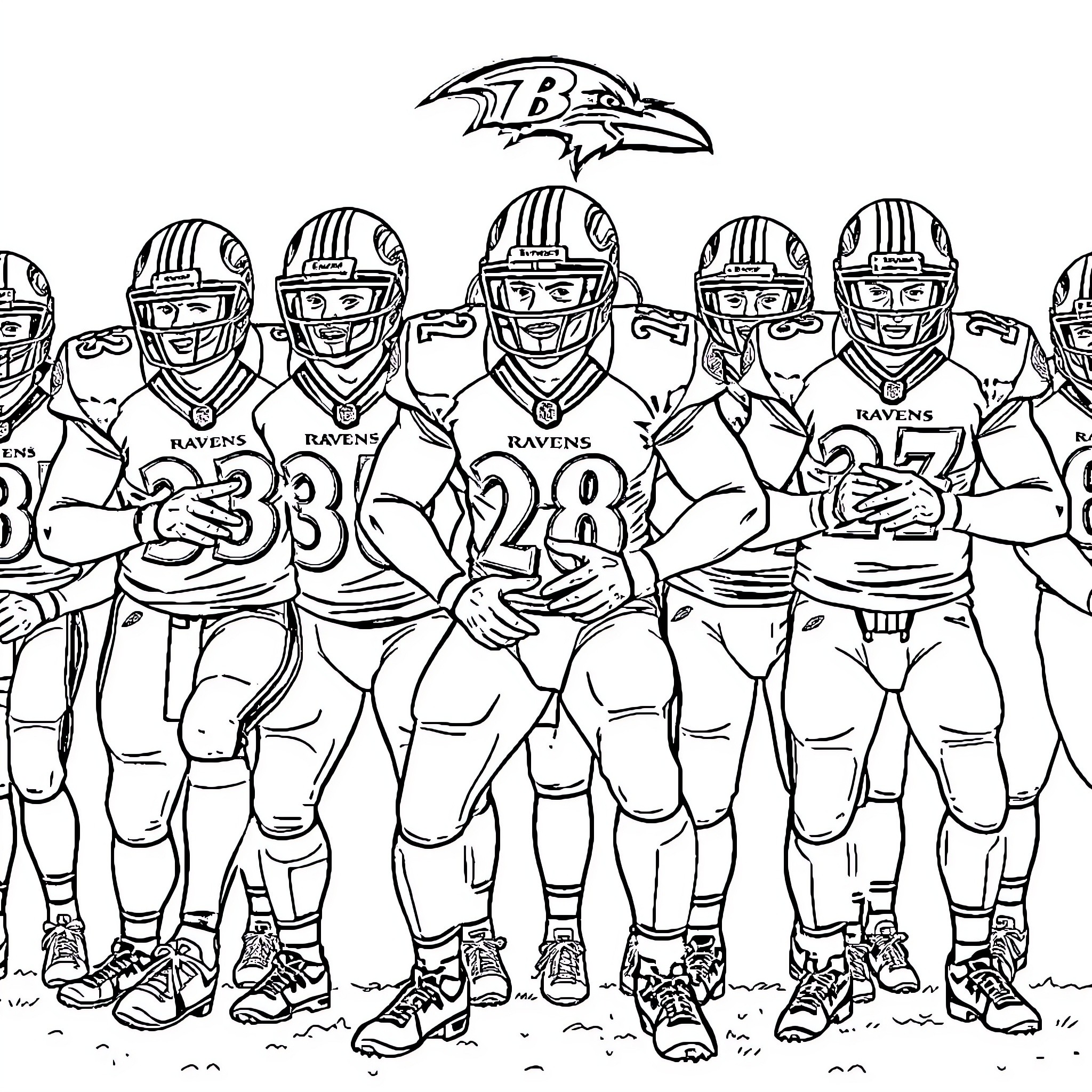 Ravens Football Team in Uniform Coloring Page (free black-and-white line drawing printable PDF for all, from beginners to advanced learners, including children, teens, adults, and seniors)