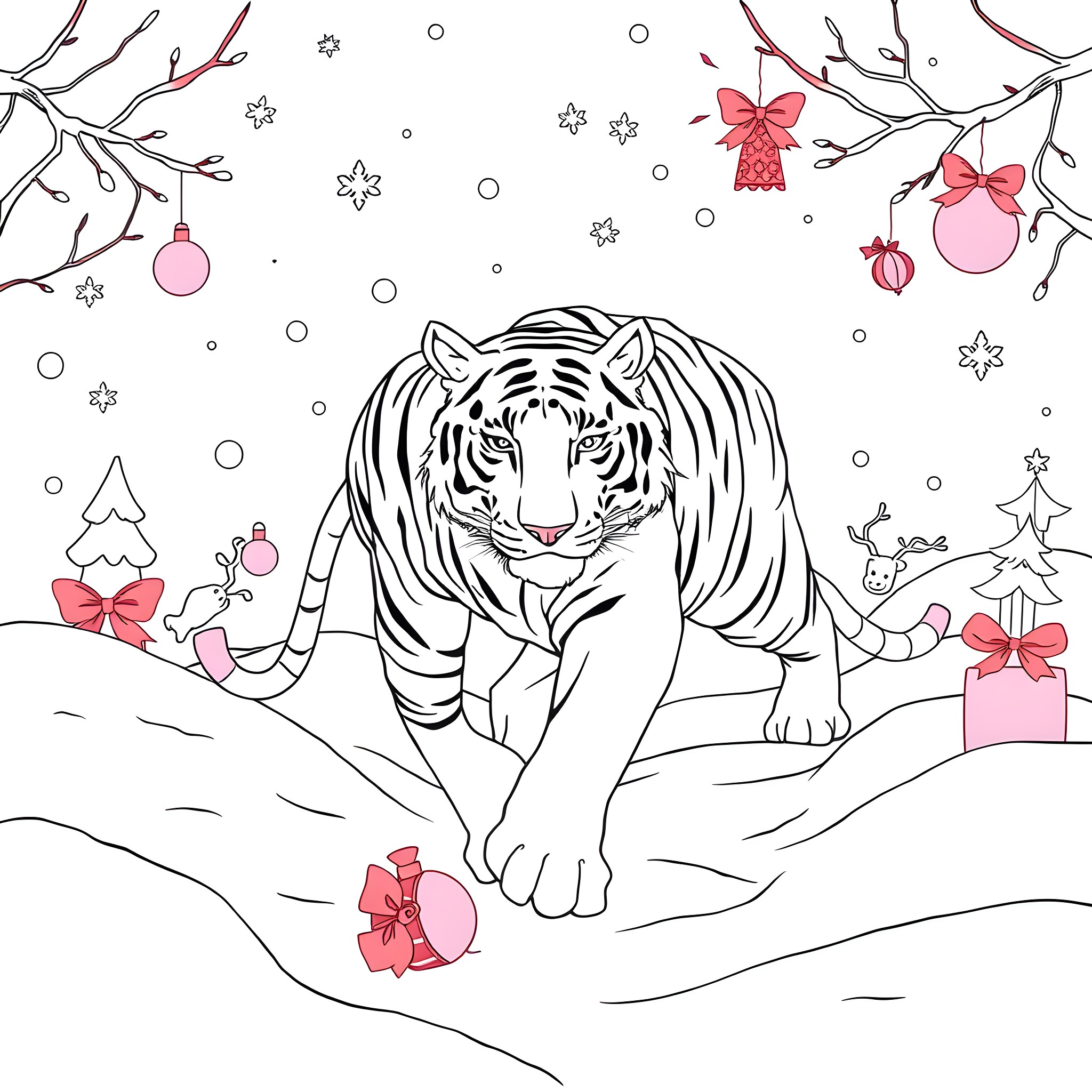 Tiger in a winter wonderland Coloring Page (free black-and-white line drawing printable PDF for all, from beginners to advanced learners, including children, teens, adults, and seniors)