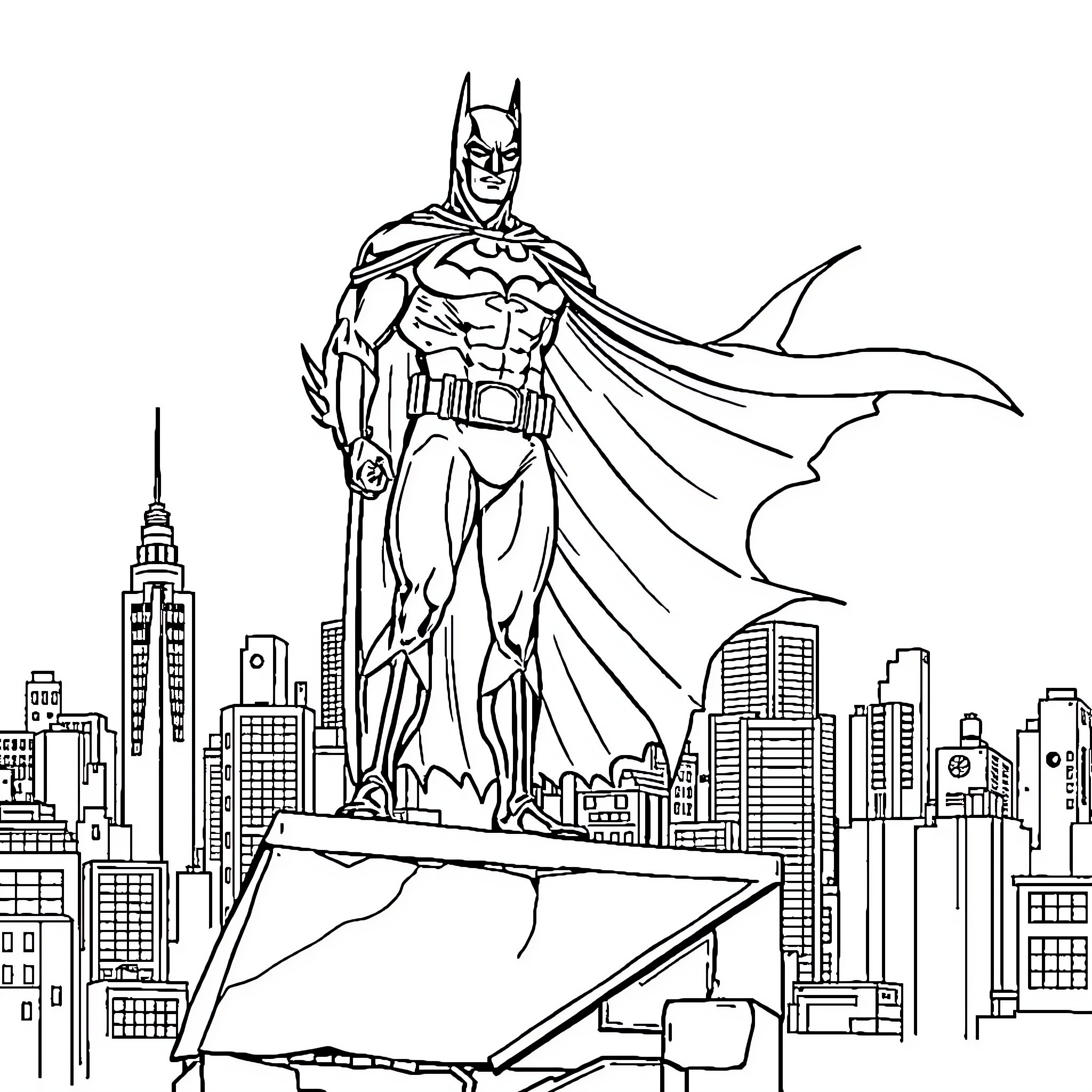 Batman standing heroically over the city skyline Coloring Page (free black-and-white line drawing printable PDF for all, from beginners to advanced learners, including children, teens, adults, and seniors)