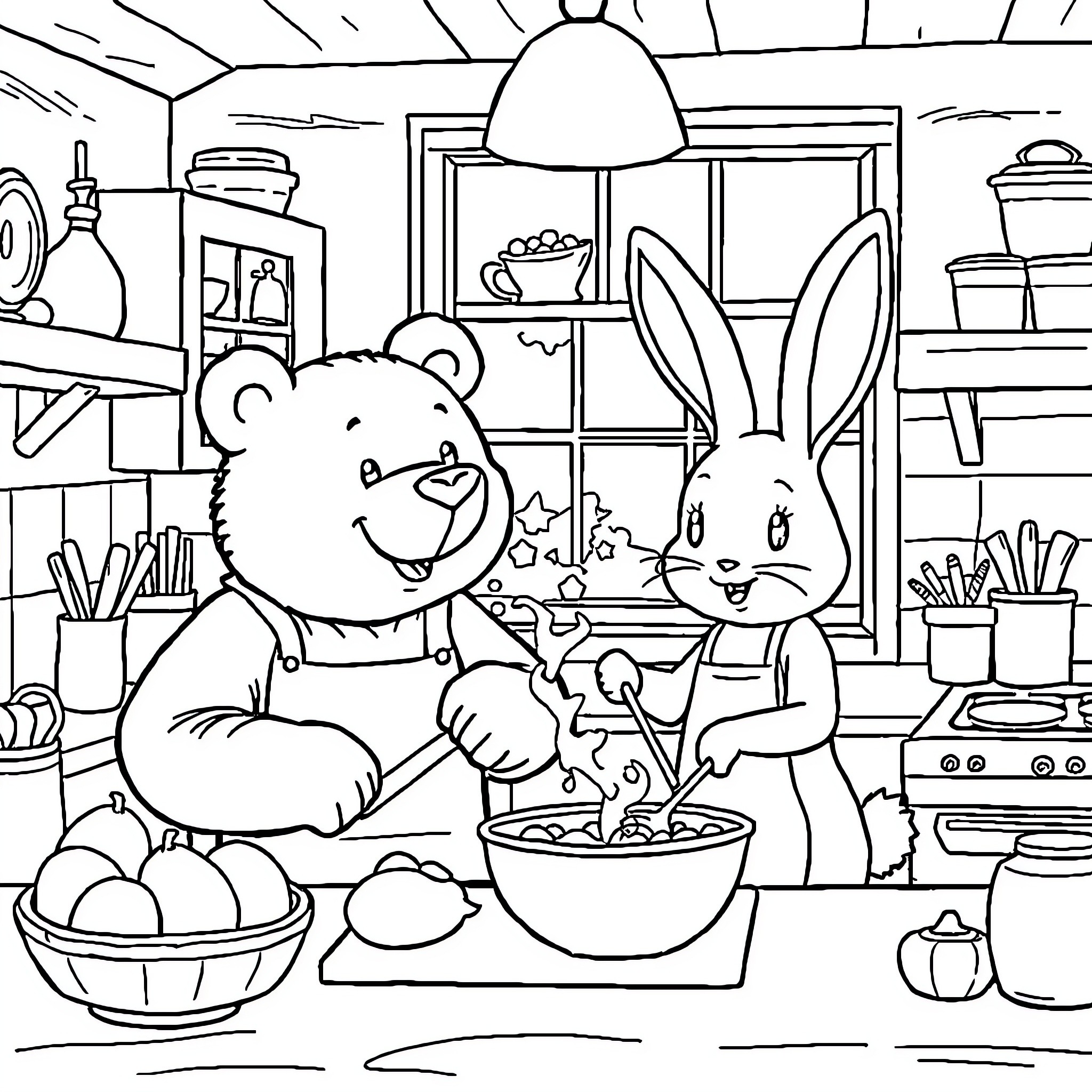 Bear and Rabbit Cooking Together in a Cozy Kitchen Coloring Page (free black-and-white line drawing printable PDF for all, from beginners to advanced learners, including children, teens, adults, and seniors)