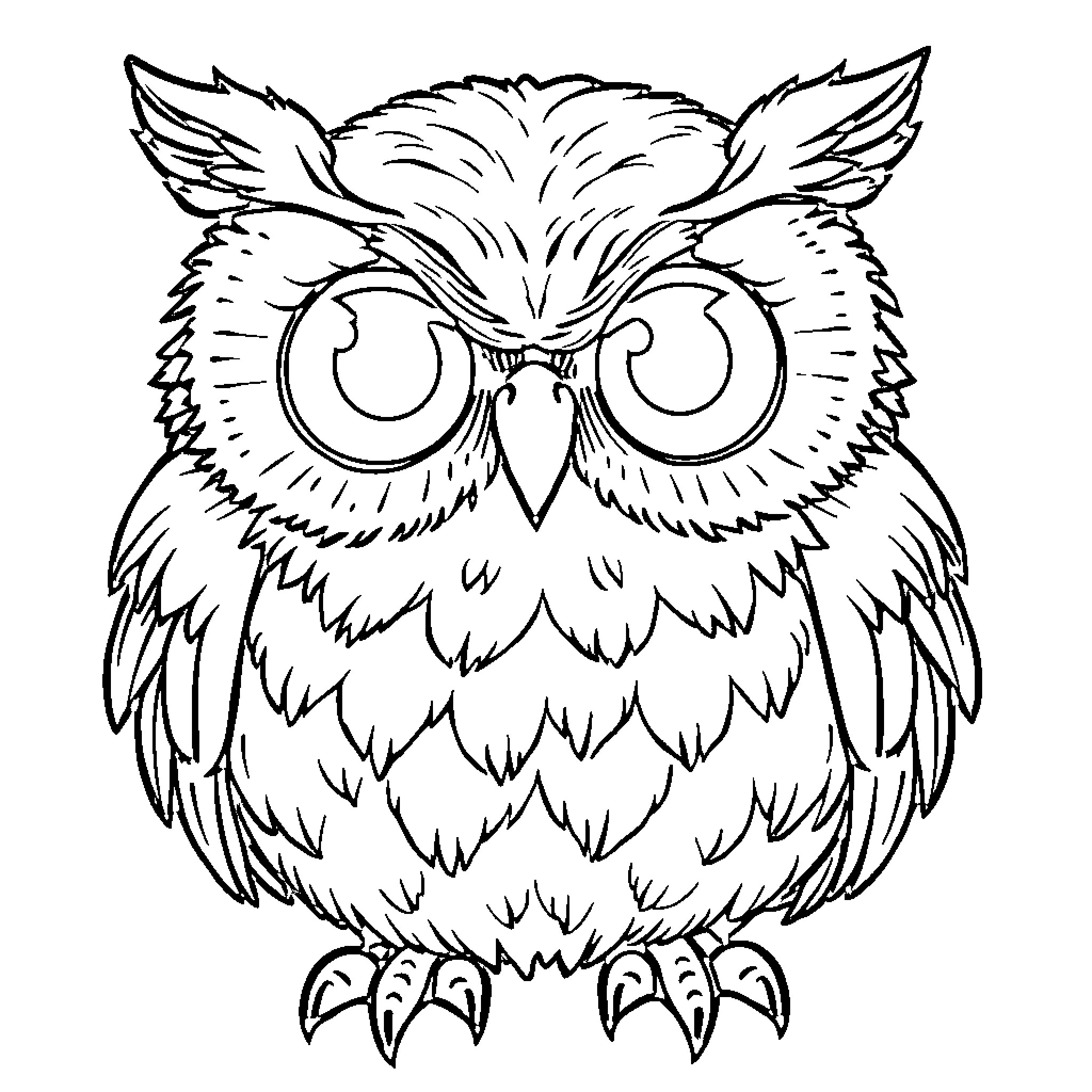 Owl with expressive eyes and feathers Coloring Page (free black-and-white line drawing printable PDF for all, from beginners to advanced learners, including children, teens, adults, and seniors)