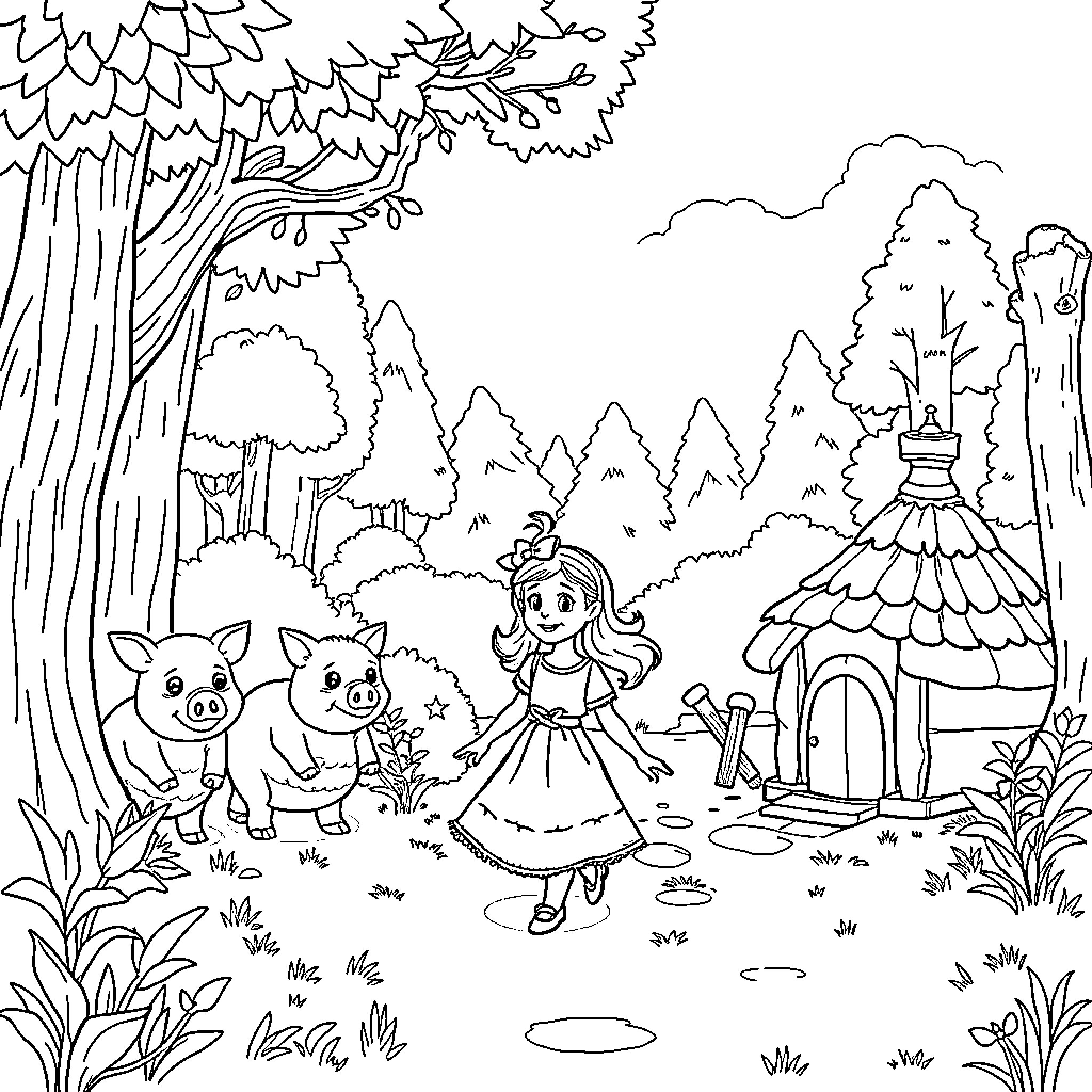 Little Red Riding Hood exploring the enchanted forest with animal friends Coloring Page (free black-and-white line drawing printable PDF for all, from beginners to advanced learners, including children, teens, adults, and seniors)