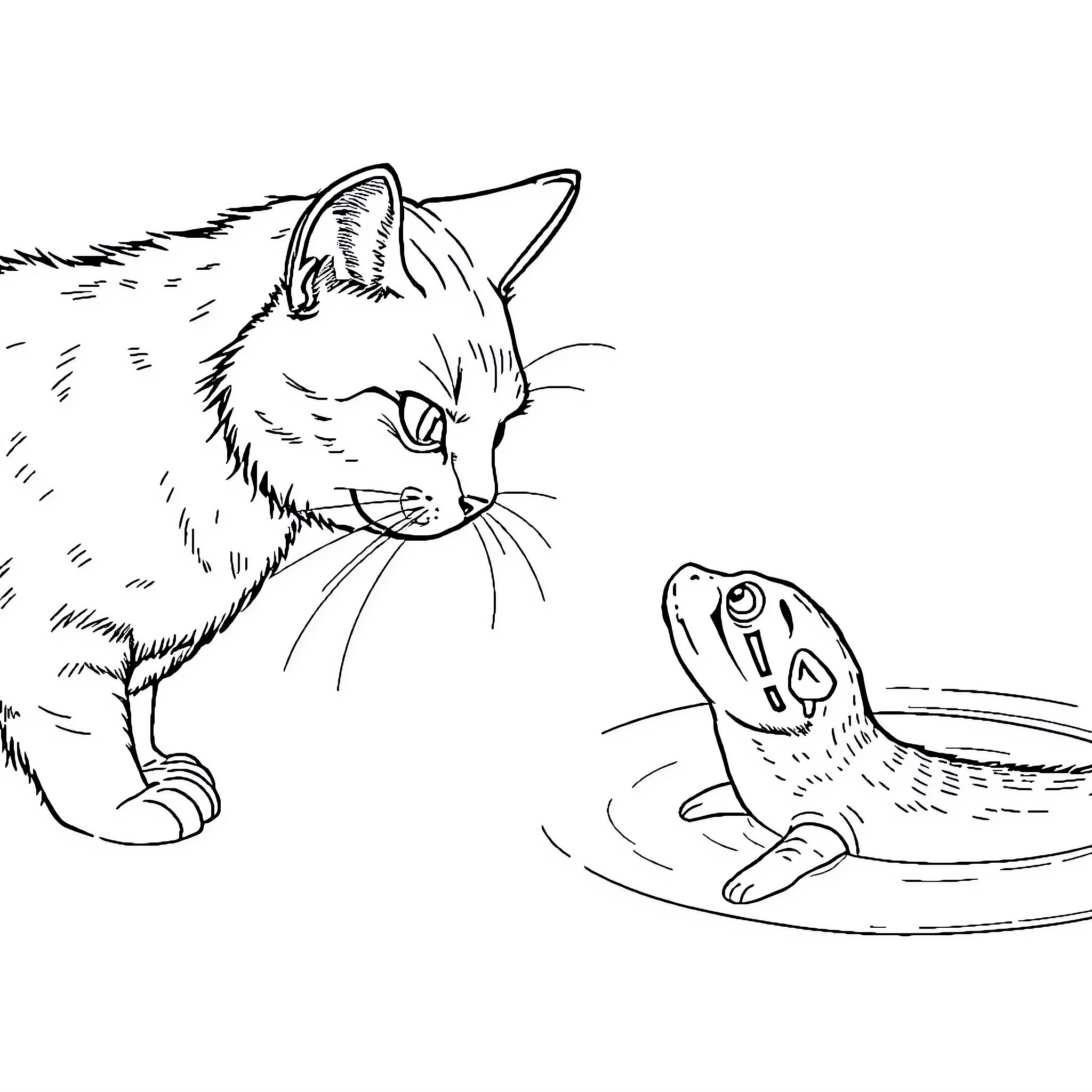 Gato contemplating a curious creature Coloring Page (free black-and-white line drawing printable PDF for all, from beginners to advanced learners, including children, teens, adults, and seniors)