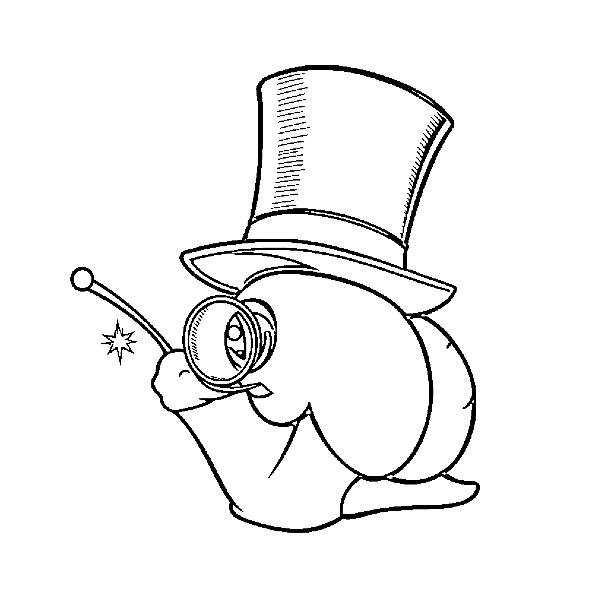 Snail wearing a top hat and carrying a magnifying glass Coloring Page (free black-and-white line drawing printable PDF for all, from beginners to advanced learners, including children, teens, adults, and seniors)