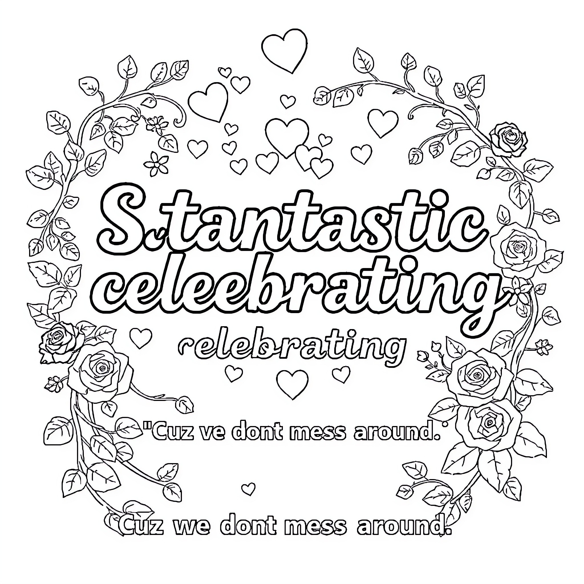 Stantastic celebrating with hearts and flowers Coloring Page (free black-and-white line drawing printable PDF for all, from beginners to advanced learners, including children, teens, adults, and seniors)