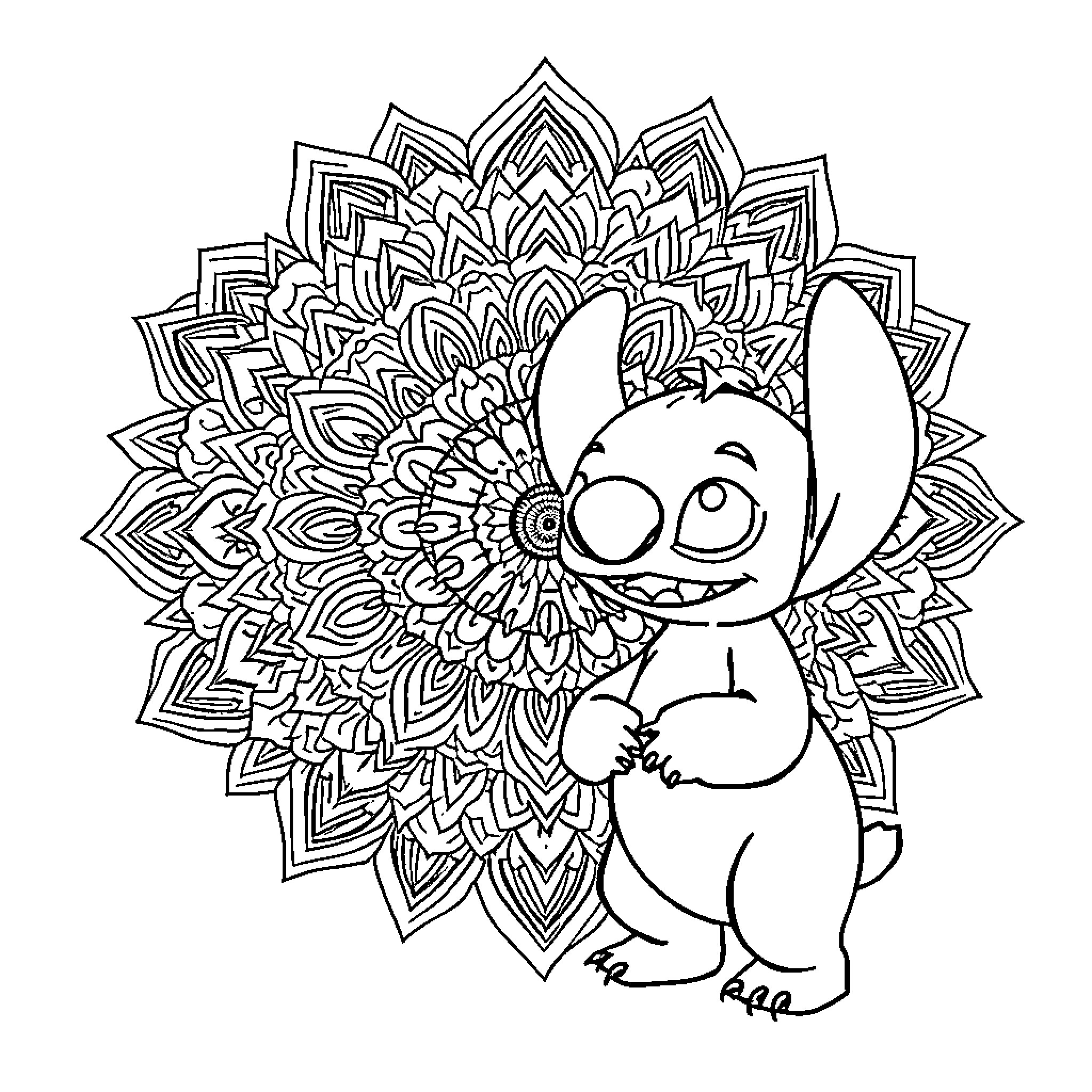 Stitch surrounded by ornate floral patterns Coloring Page (free black-and-white line drawing printable PDF for all, from beginners to advanced learners, including children, teens, adults, and seniors)