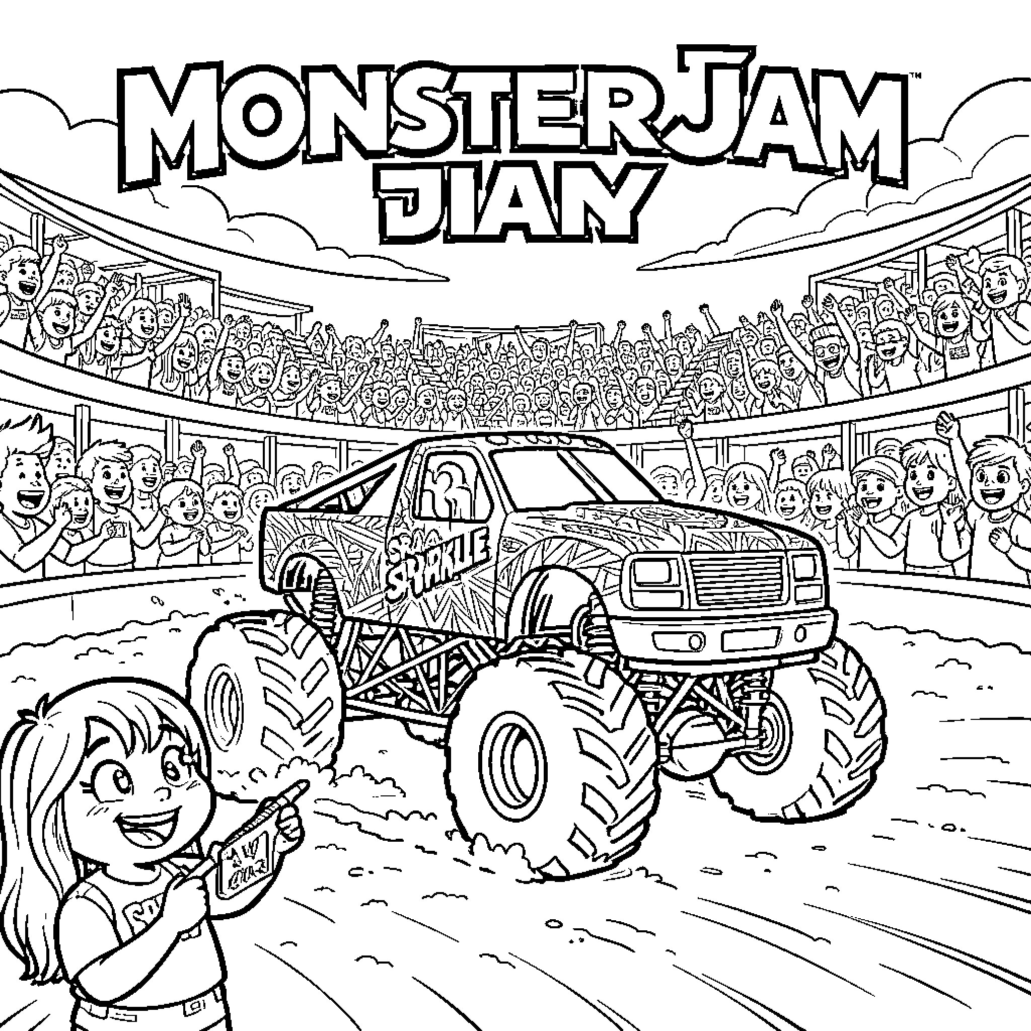 Briella cheering at a monster truck rally event Coloring Page (free black-and-white line drawing printable PDF for all, from beginners to advanced learners, including children, teens, adults, and seniors)