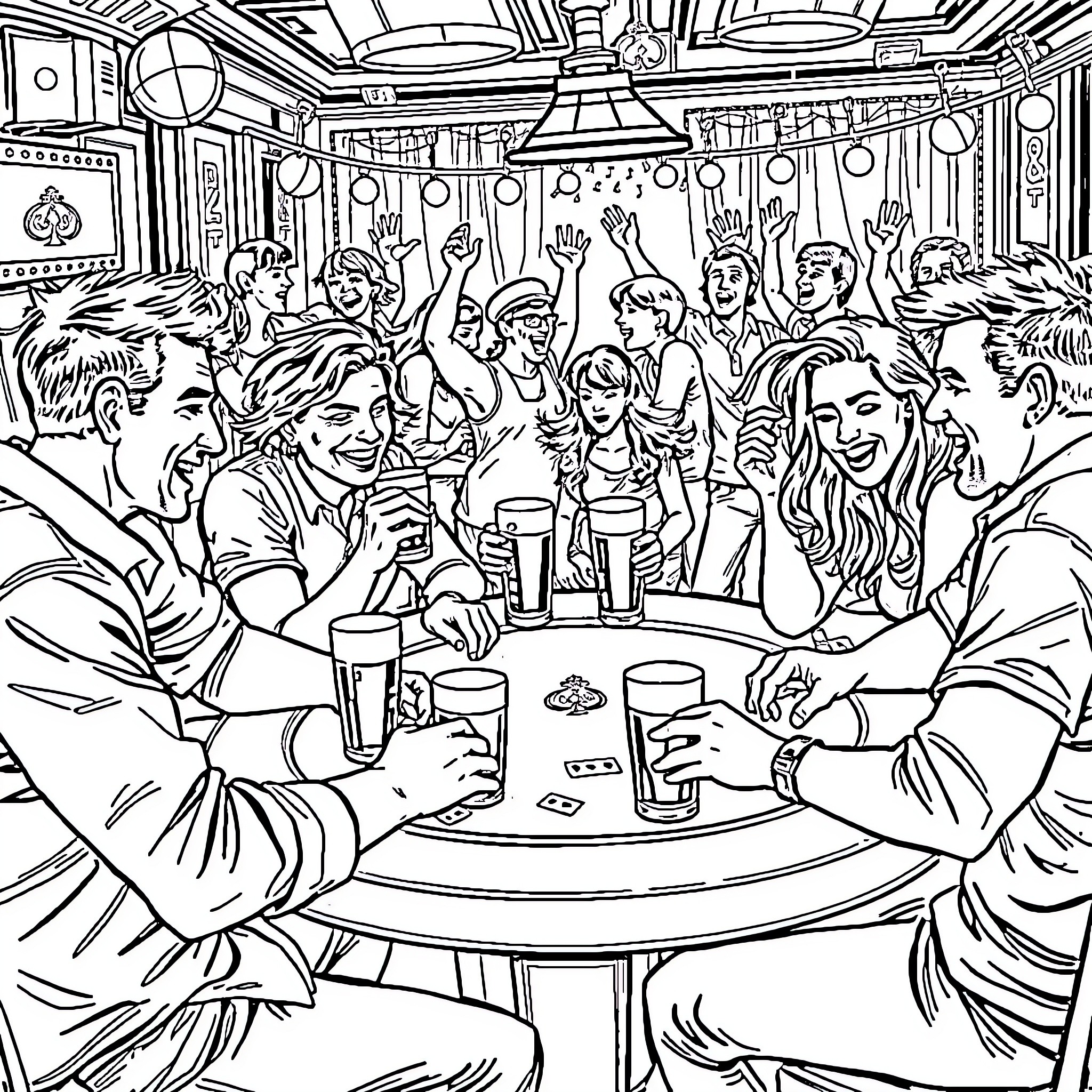 Poker Game in a Lively Pub Setting Coloring Page (free black-and-white line drawing printable PDF for all, from beginners to advanced learners, including children, teens, adults, and seniors)