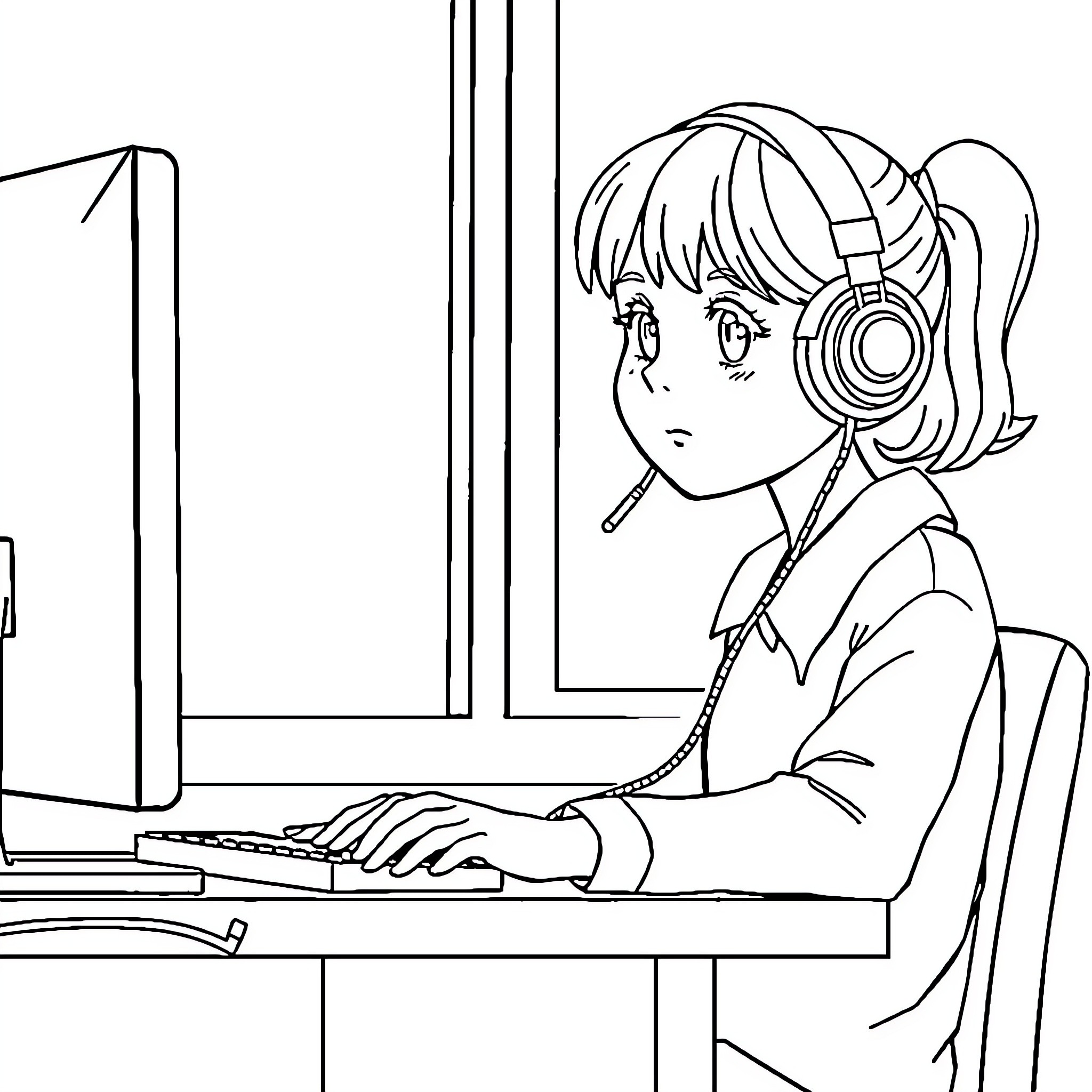 Girl gaming at computer with headphones Coloring Page (free black-and-white line drawing printable PDF for all, from beginners to advanced learners, including children, teens, adults, and seniors)