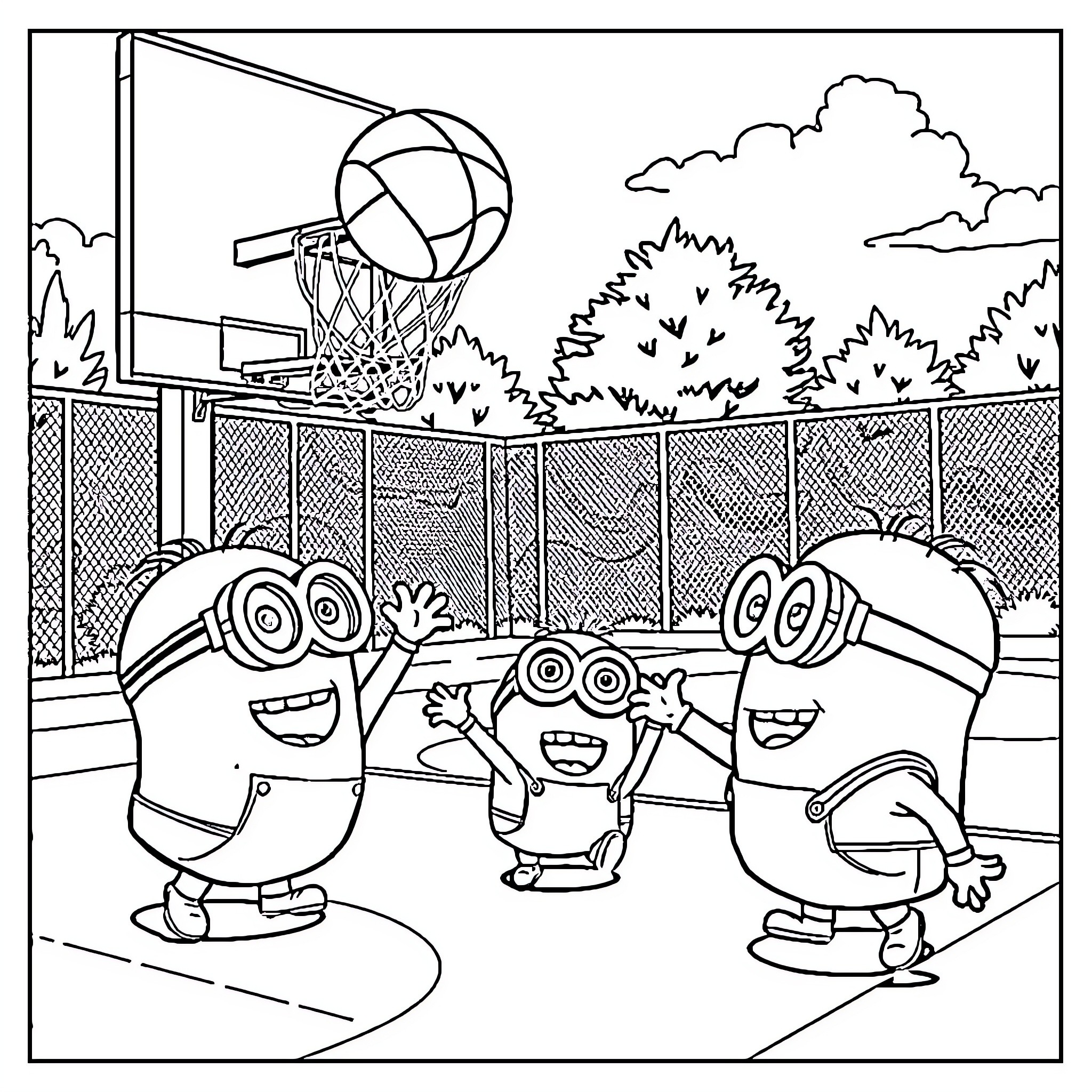 Minions Playing Basketball on the Playground Coloring Page (free black-and-white line drawing printable PDF for all, from beginners to advanced learners, including children, teens, adults, and seniors)