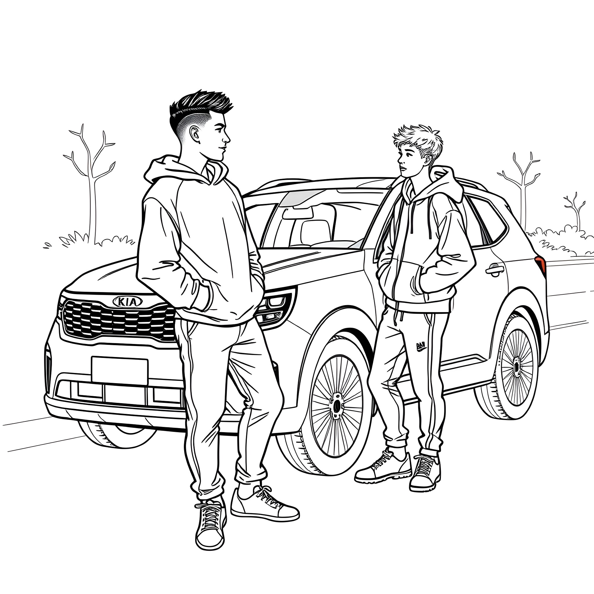 Teen Guys Posing with Car on Road Coloring Page (free black-and-white line drawing printable PDF for all, from beginners to advanced learners, including children, teens, adults, and seniors)