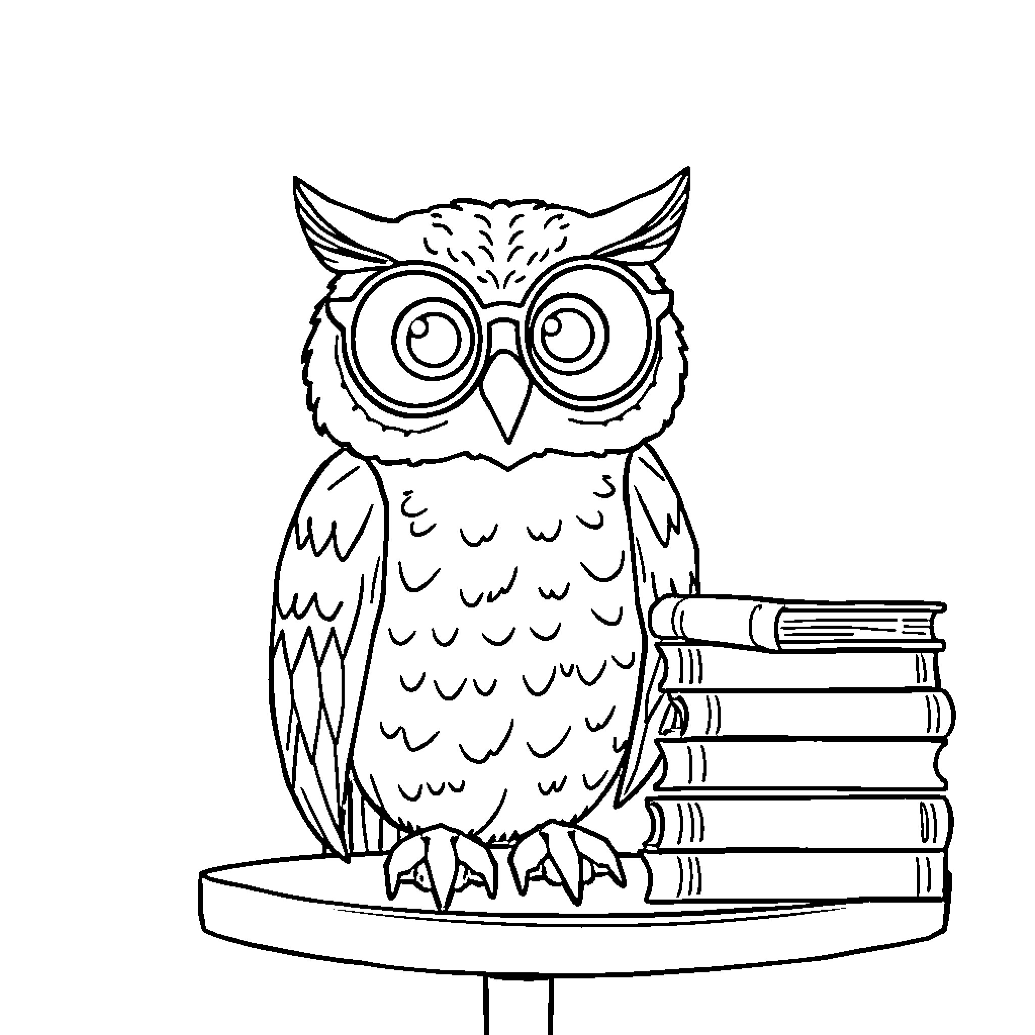 Owl perched on a stack of books Coloring Page (free black-and-white line drawing printable PDF for all, from beginners to advanced learners, including children, teens, adults, and seniors)