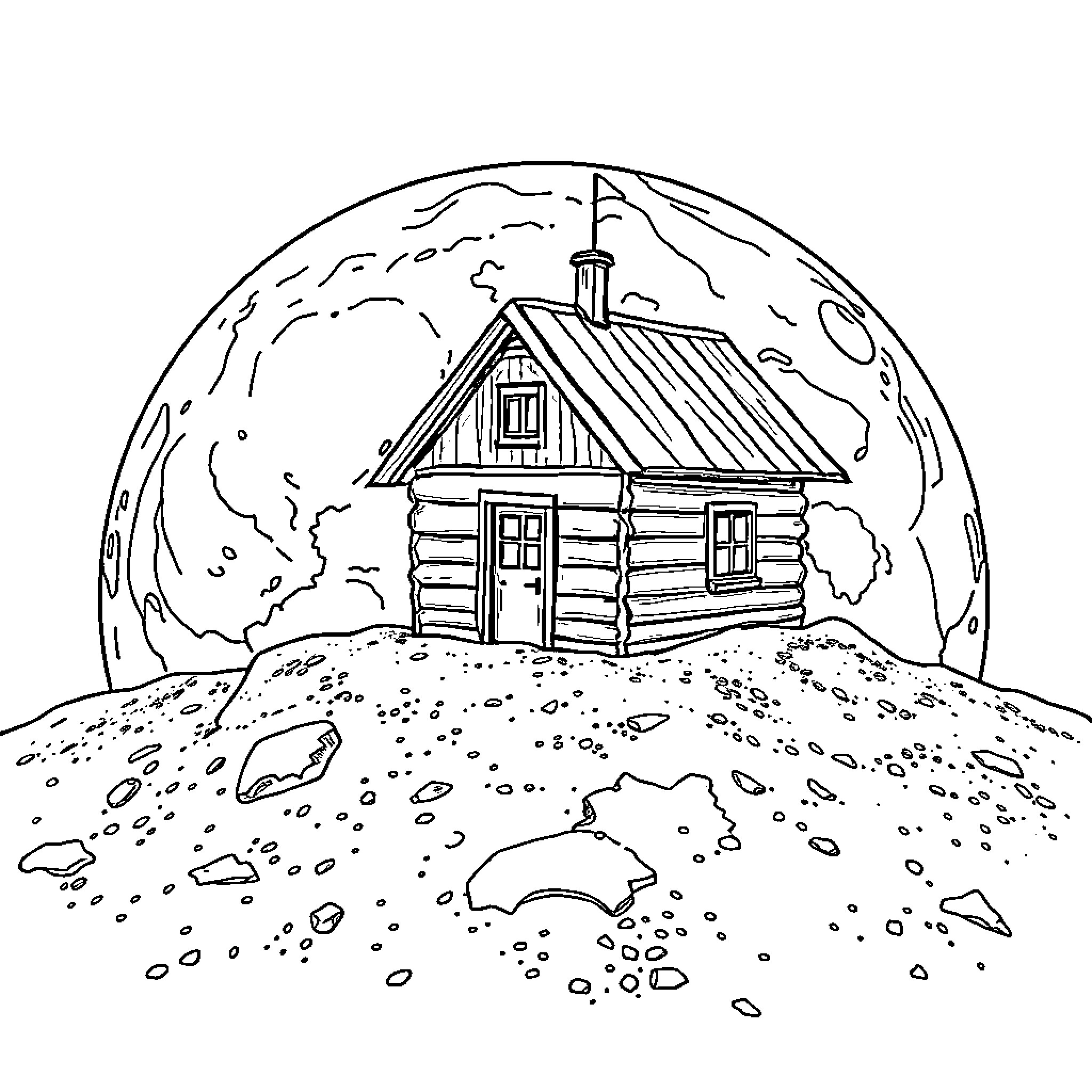 House nestled in snowy landscape under night sky Coloring Page (free black-and-white line drawing printable PDF for all, from beginners to advanced learners, including children, teens, adults, and seniors)