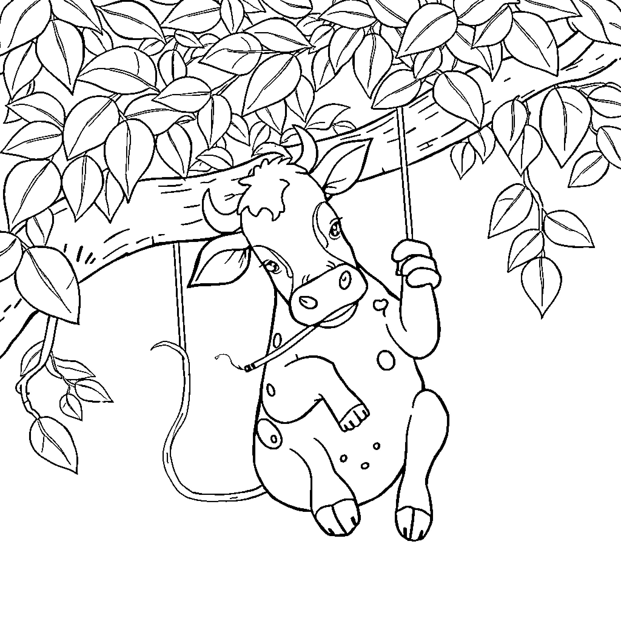 Cow enjoying a rainy day under leaves Coloring Page (free black-and-white line drawing printable PDF for all, from beginners to advanced learners, including children, teens, adults, and seniors)
