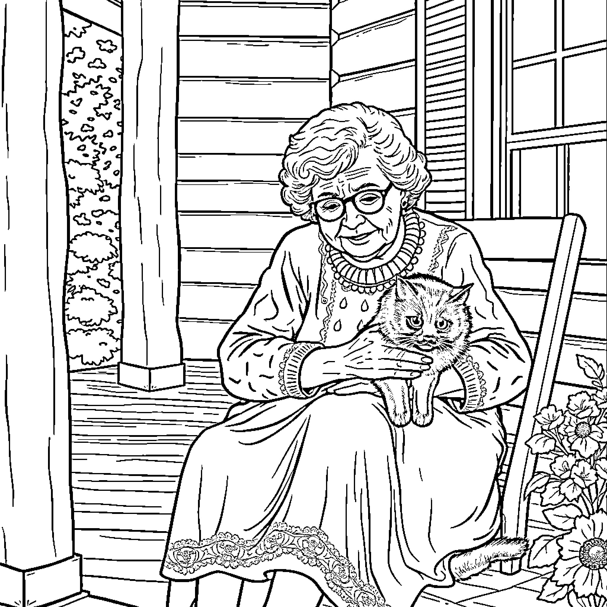 Granny enjoying a cozy moment with her feline companion Coloring Page (free black-and-white line drawing printable PDF for all, from beginners to advanced learners, including children, teens, adults, and seniors)