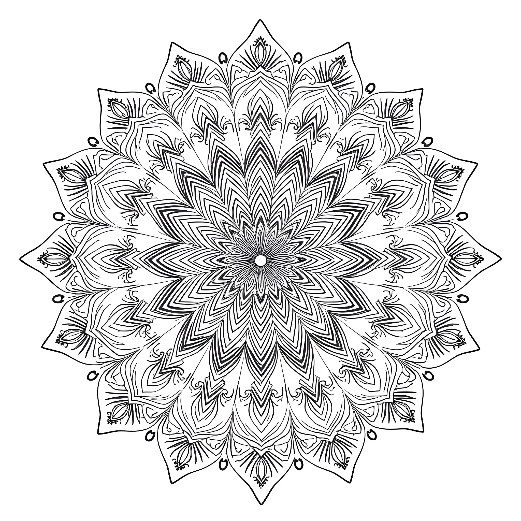 Mandala with intricate floral patterns Coloring Page (free black-and-white line drawing printable PDF for all, from beginners to advanced learners, including children, teens, adults, and seniors)